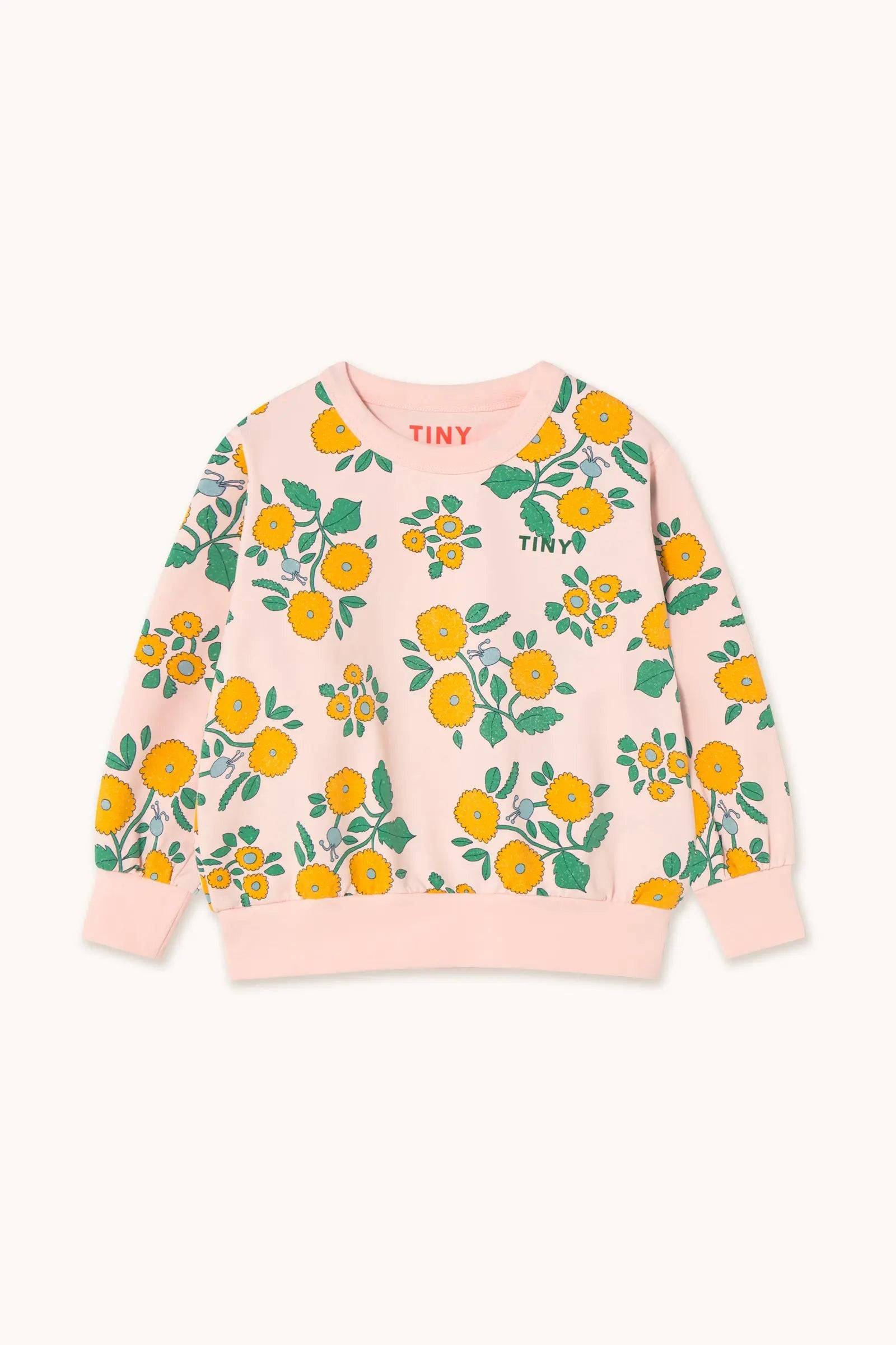 Rosa Flowers Sweatshirt für Kinder mit gelbem Blumenmuster und grünen Blättern, ideal für Frühling/Sommer-Kollektion SS25.