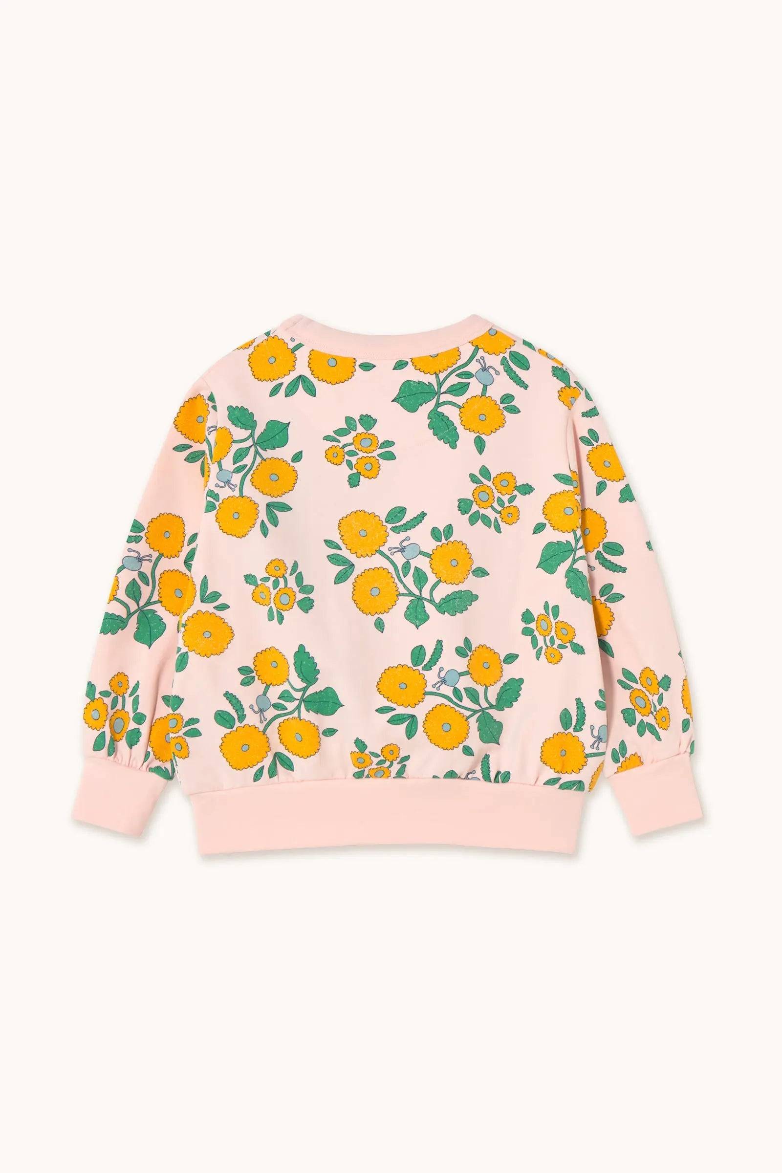 Rückseite des rosa Flowers Sweatshirts mit durchgehendem gelbem Blumenprint, perfekt für Jungen und Mädchen von 2 bis 9 Jahren.