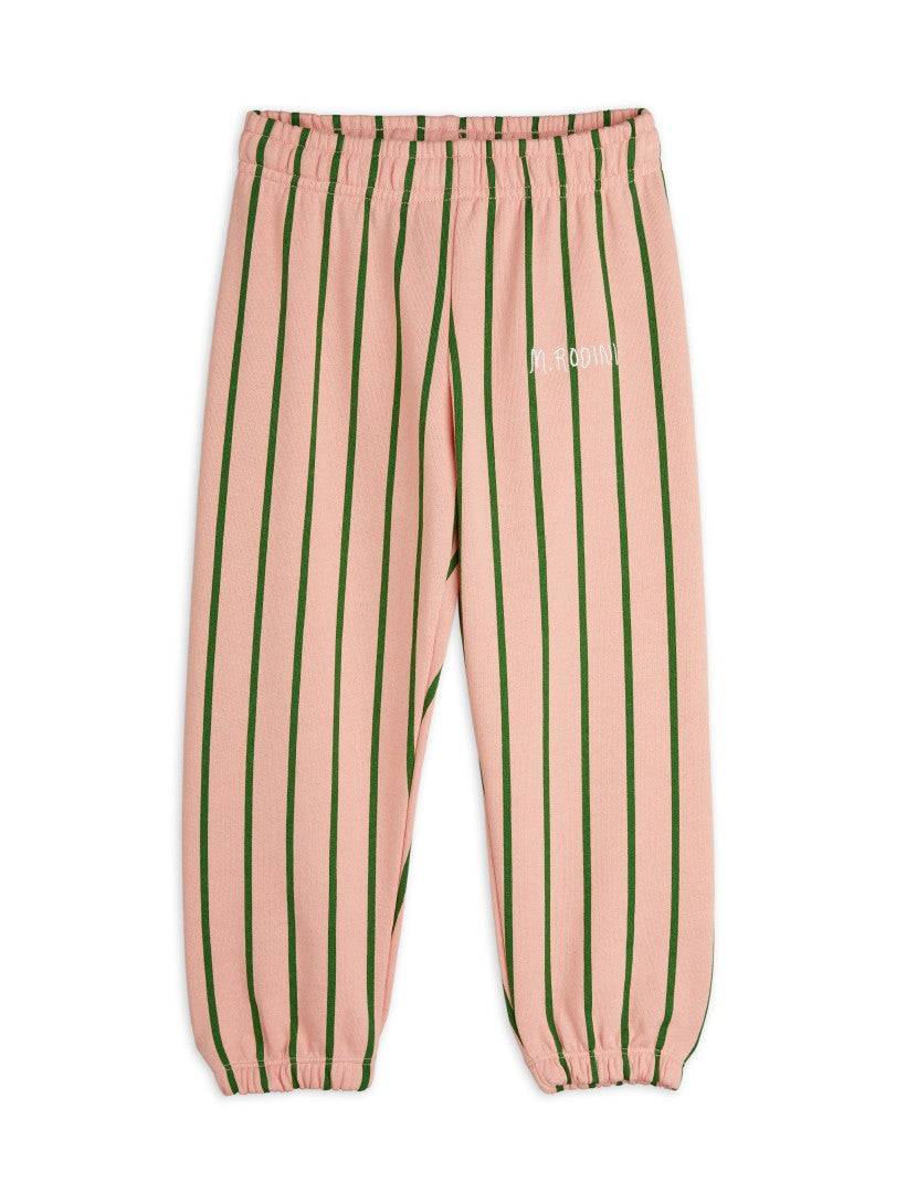 Mini Rodini Vertical Stripe AOP Sweatpants in Rosa mit grünen Streifen, elastischem Bund und Beinabschlüssen für Kinder von 2 bis 12 Jahren.