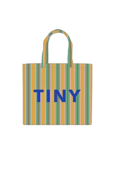Stripes Bag nude mit vertikalen Streifen in Gelb, Grün und Orange, blauer TINY-Schriftzug, modische Damenhandtasche für SS25.