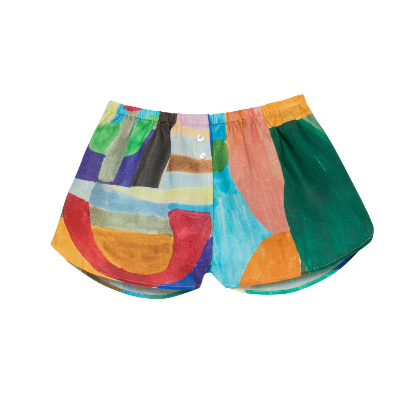 Metisse Linen Shorts mit farbenfrohem, abstraktem Design aus Leinenstoff, perfekt für Damen-Sommeroutfits in Größe M.