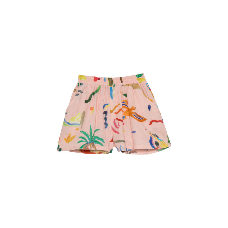 Abra Rossa Cotton Gauze Shorts aus Baumwollmusselin mit buntem Print, elastischem Bund und weitem Schnitt – ideal für entspannte Outfits.