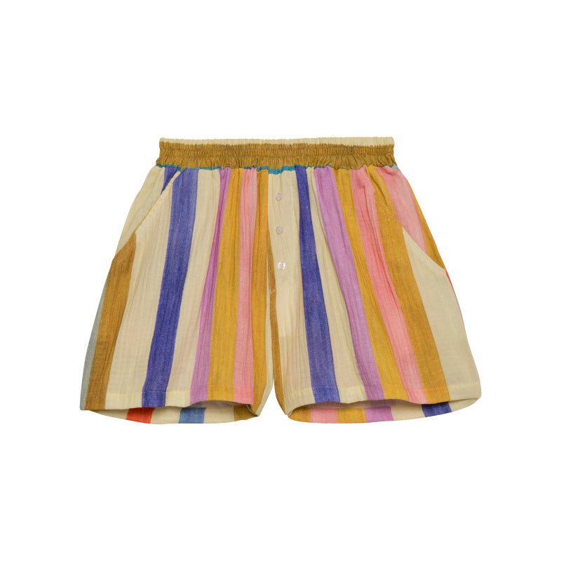 Paz Cotton Gauze Shorts mit buntem Streifenmuster, elastischem Bund und Knopfleiste, aus weicher Baumwoll-Gaze, ideal für Damenmode SS25.