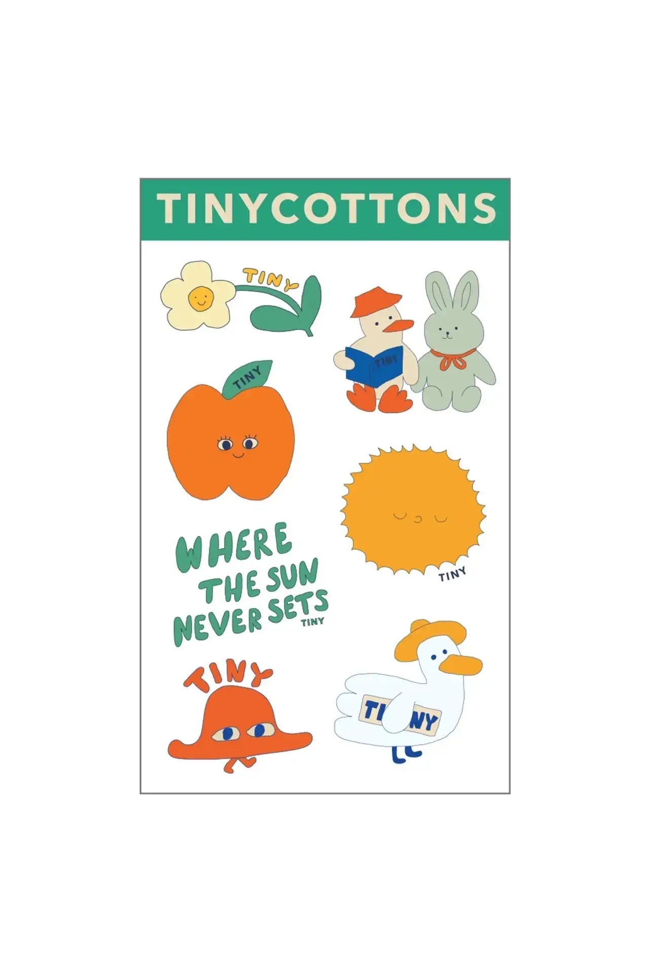 Midnight Sun Tattoos von Tinycottons mit bunten Cartoon-Motiven wie Sonne, Ente, Hase und Schriftzug 'Where the sun never sets'. Ideal für Kinderaccessoires.