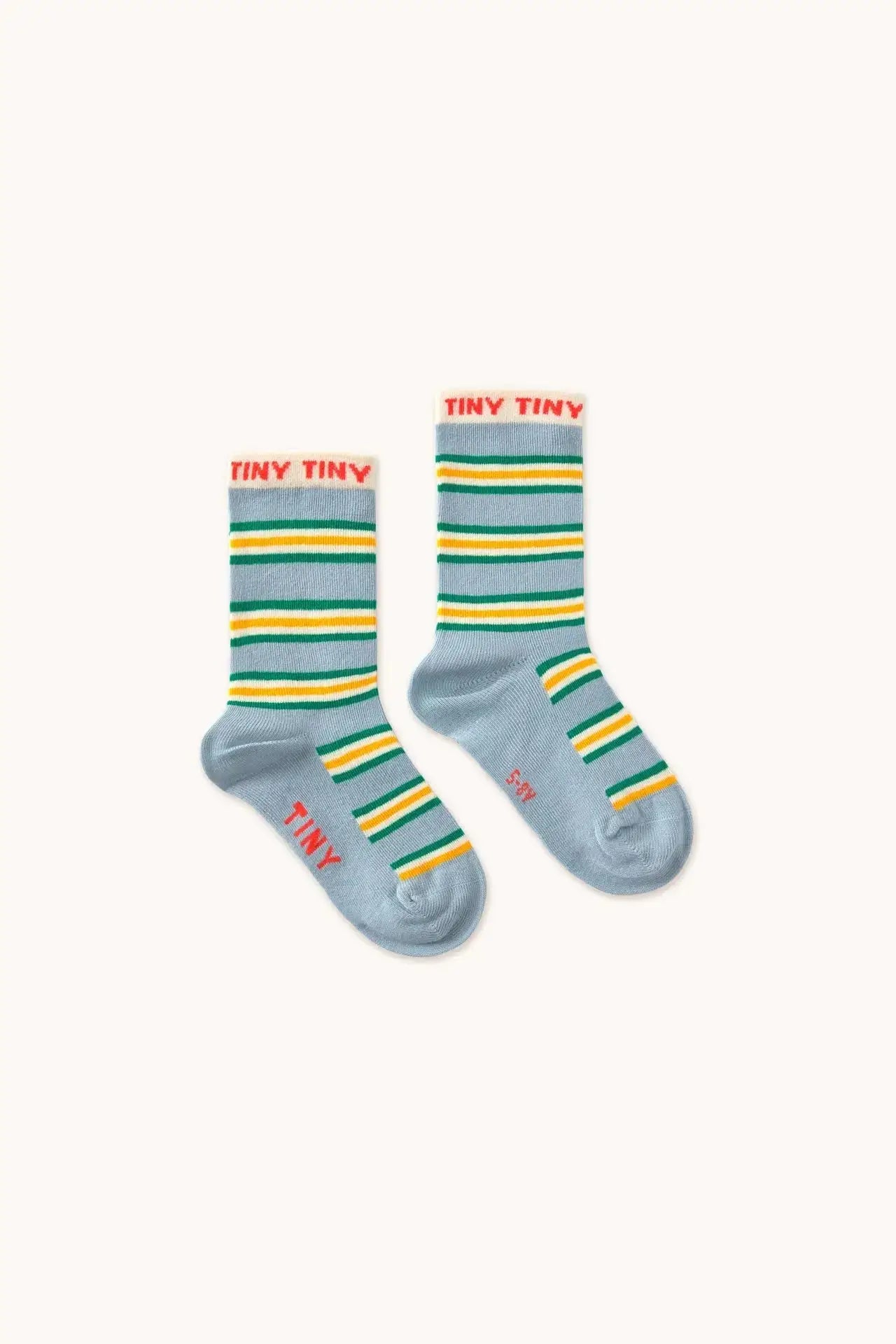 Kinder-Socken Multicolor stripes medium Socks Warm Grey mit farbenfrohen Streifen und 'TINY' Schriftzug, perfekt für Frühling/Sommer 2025 Kollektion.