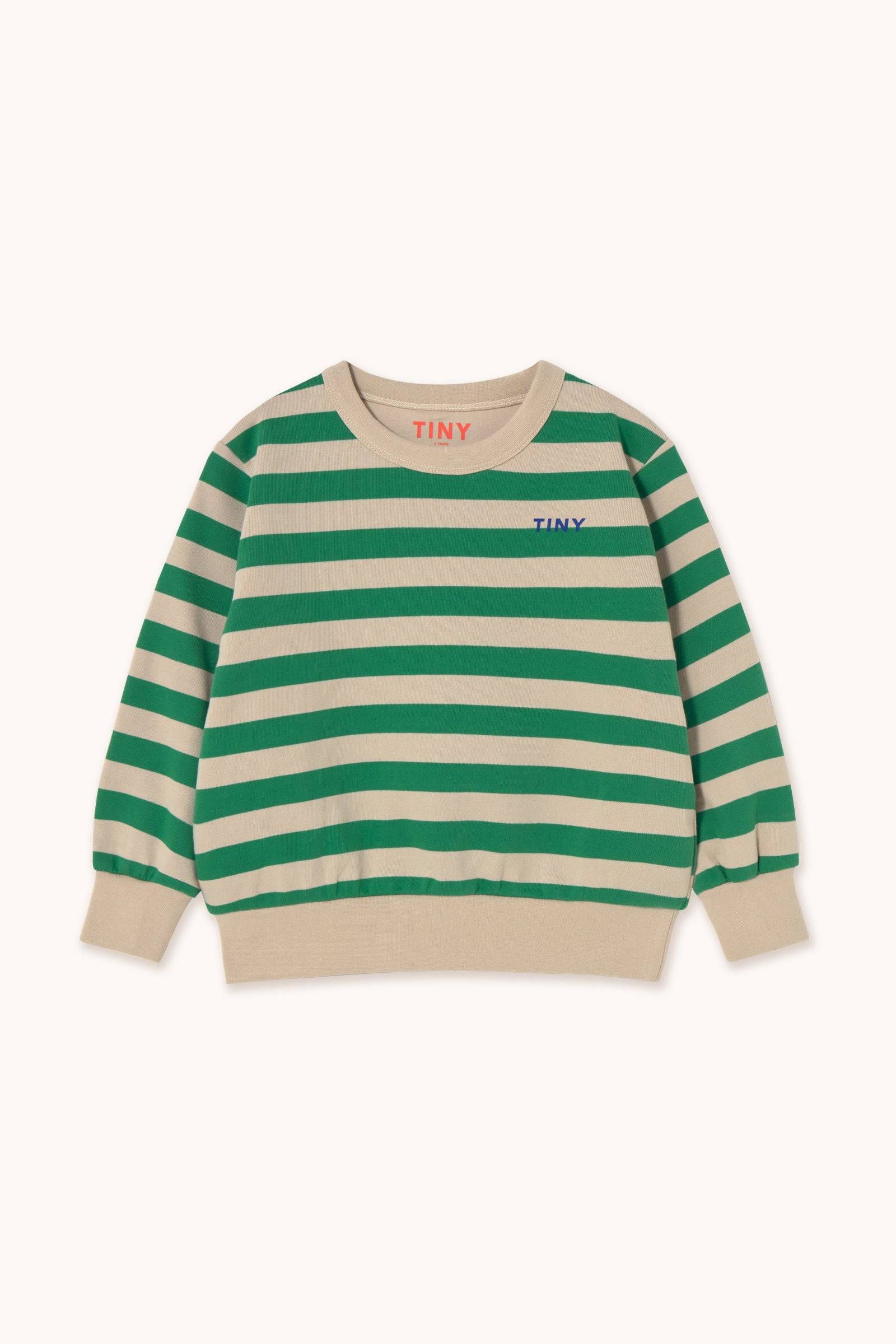Grün-Beige gestreiftes Stripes Sweatshirt mit TINY Logo auf der Brust, ideal für Jungen und Mädchen von 2 bis 12 Jahren.