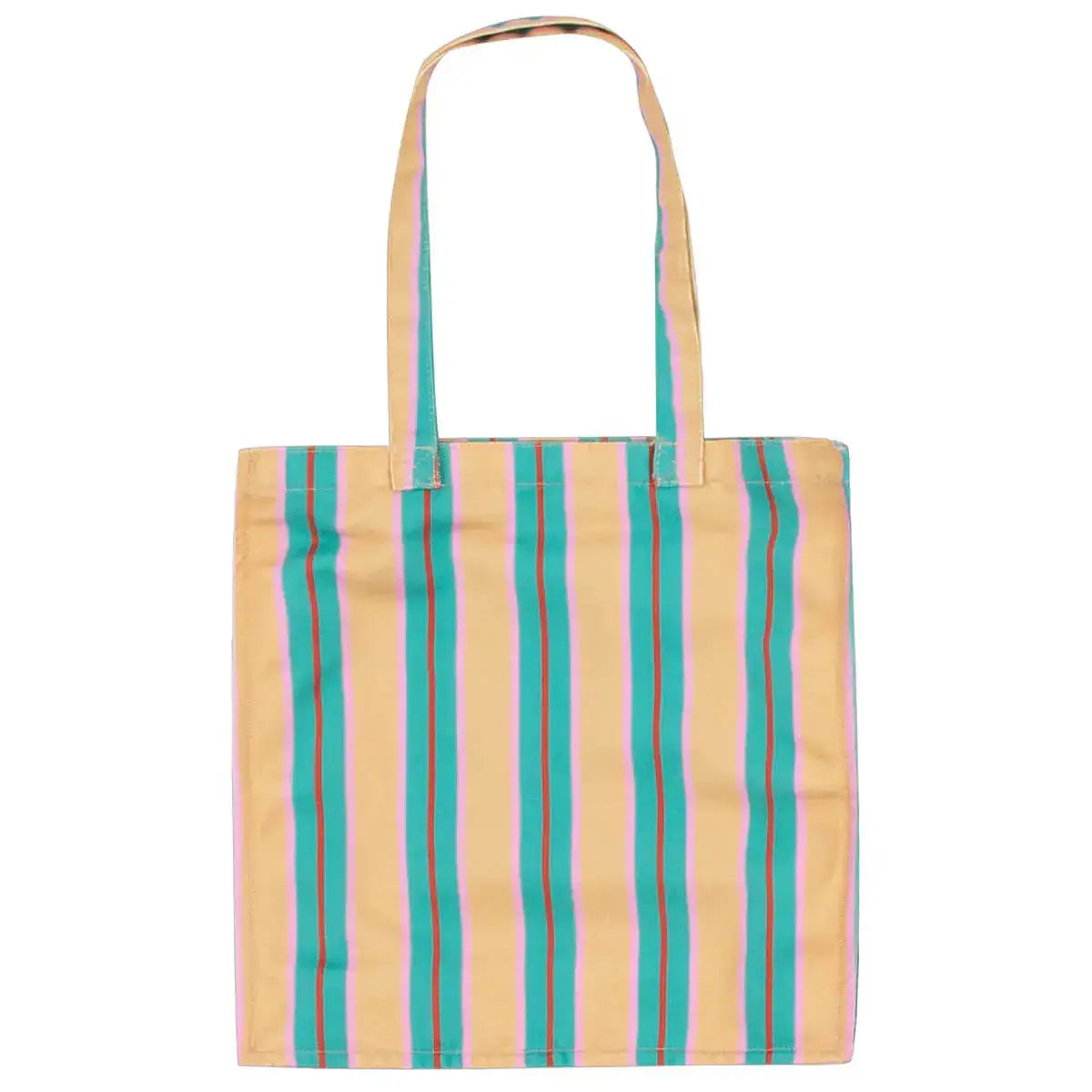 Stripes Bag nude mit langen Henkeln und buntem Streifenmuster in Türkis, Rosa und Beige, ideal als stylische Frauenhandtasche.
