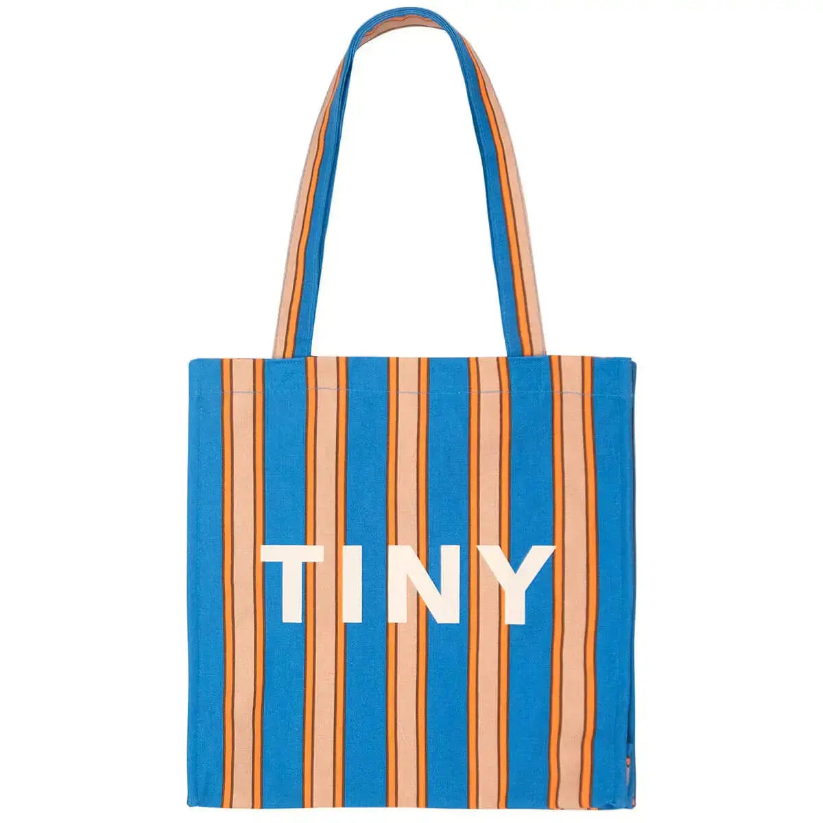 Stripes Bag pale ochre mit vertikalen Streifen in Blau und Ocker, großer TINY-Schriftzug auf der Vorderseite, ideal für Damenaccessoires.