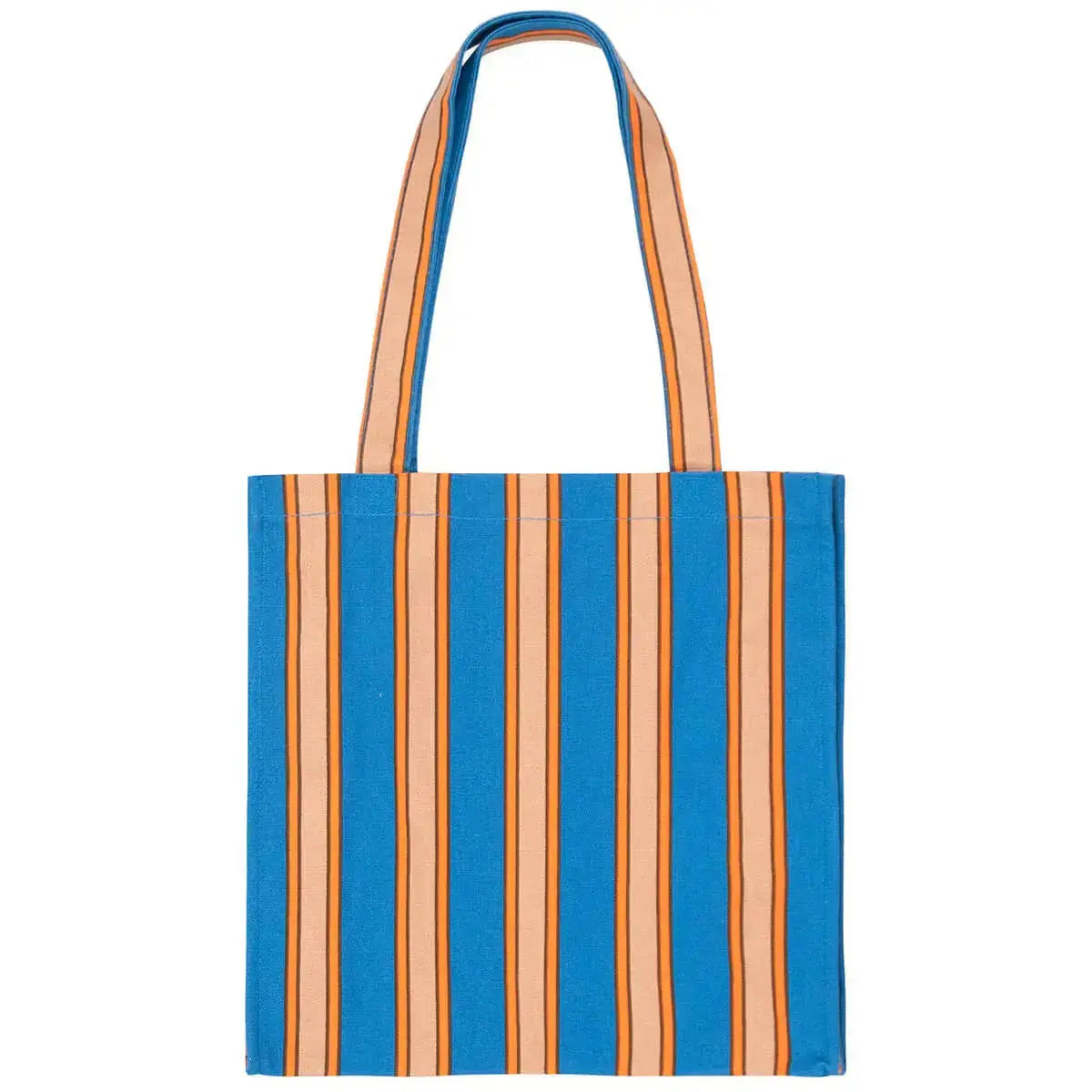 Rückansicht der Stripes Bag pale ochre mit gleichmäßigen blauen und ockerfarbenen Streifen, modische Tragetasche für Frauen.