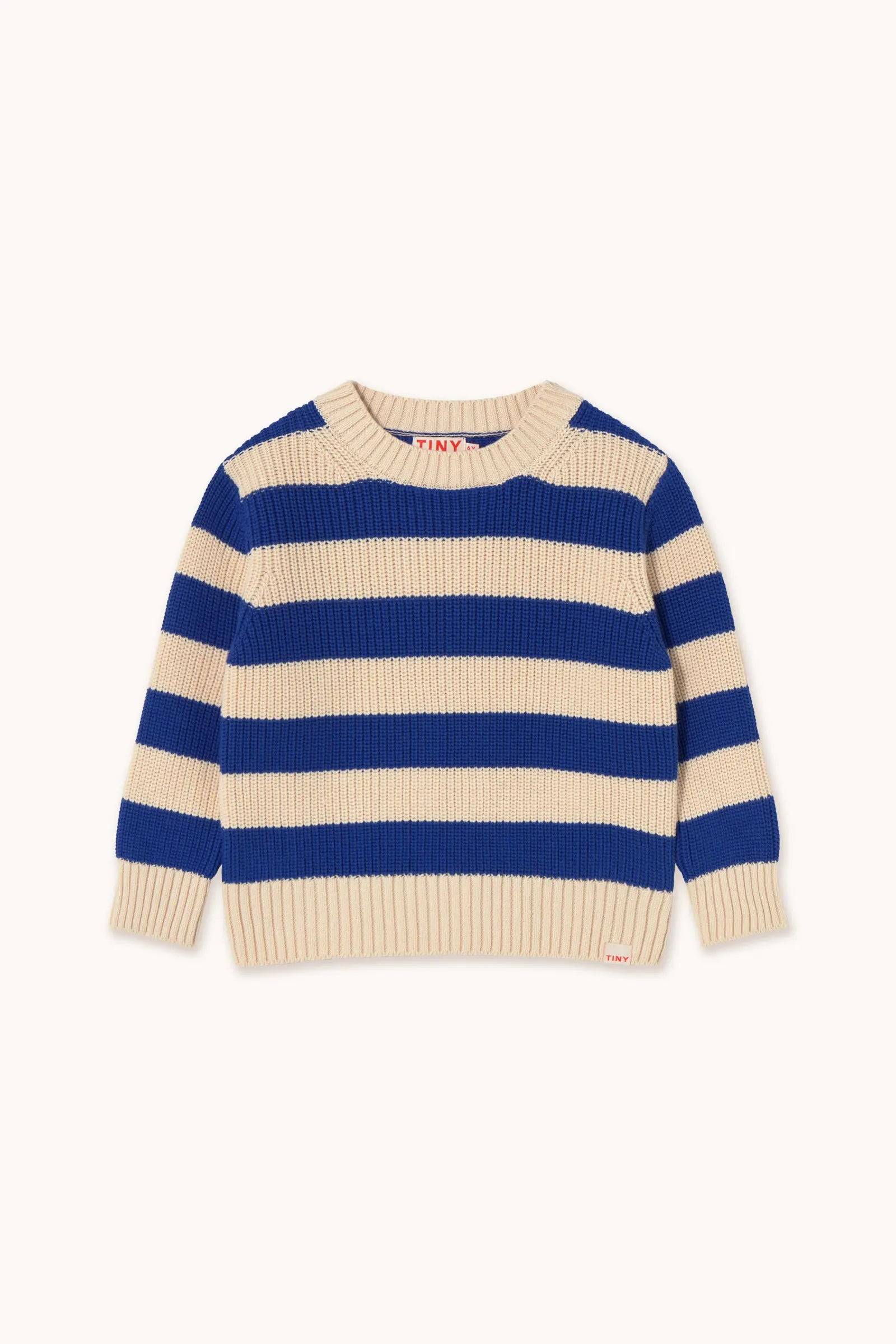 Stripes Knit Sweater light cream/ ultramarine aus weichem Strick, Kinderpullover mit blauen und cremefarbenen Blockstreifen, perfekt für Jungen und Mädchen.