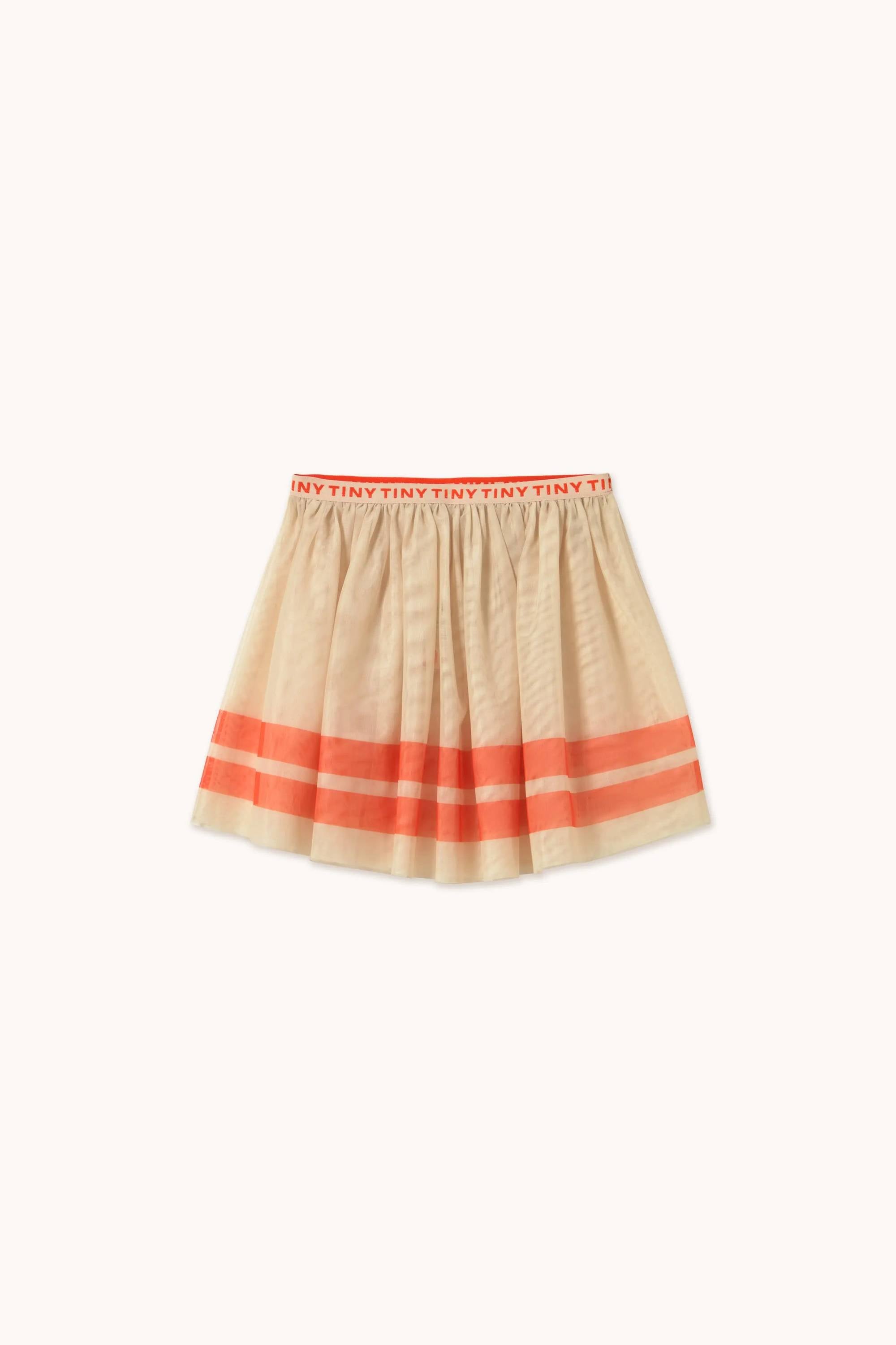 Stripes Tutu Skirt aus Tüll in Beige mit zwei orangefarbenen Streifen und elastischem Bund mit TINY-Schriftzug, perfekt für Mädchenmode.