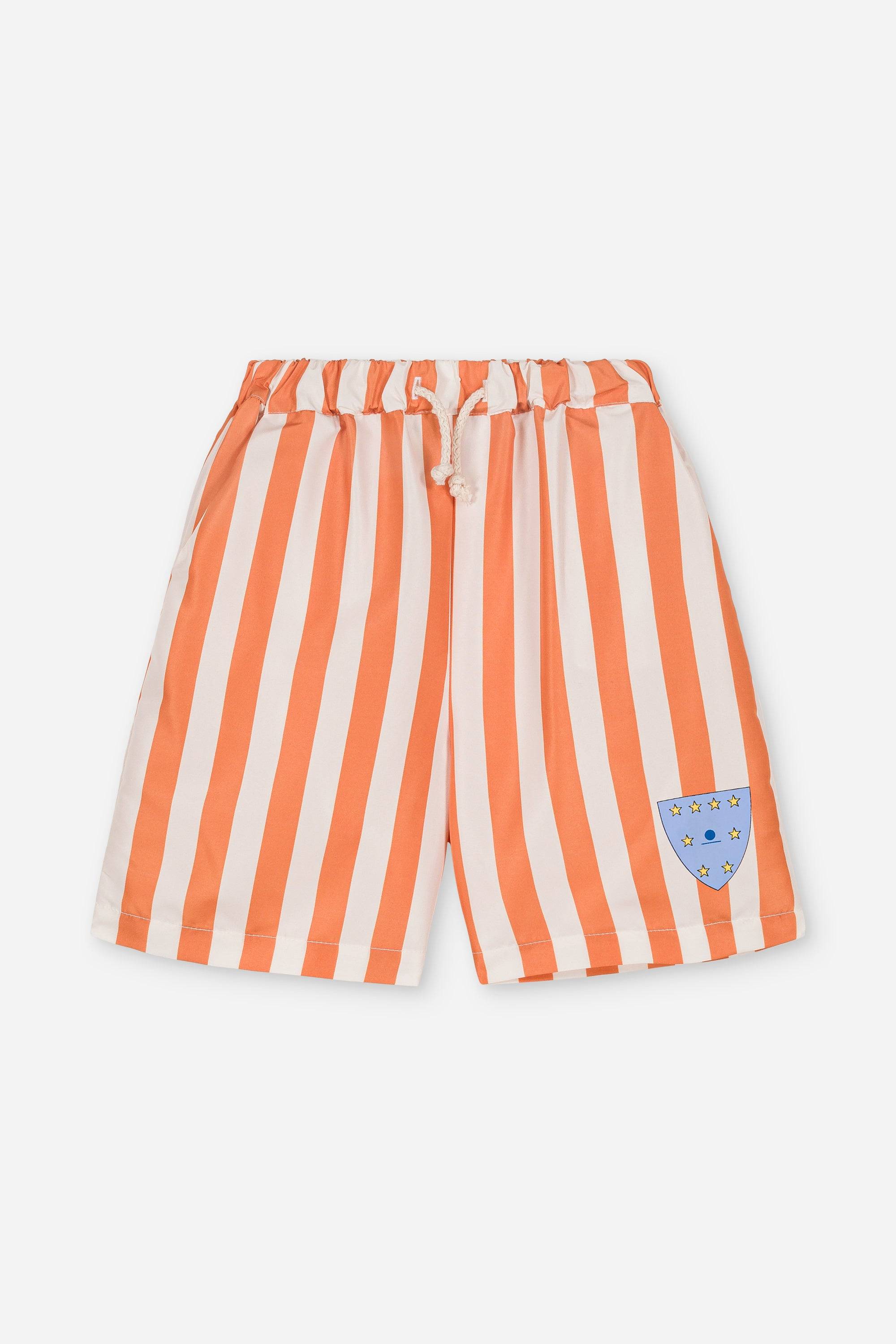 Swimshorts James Orange mit orange-weißen Streifen und elastischem Bund, ideal für Jungen und Mädchen in der Kategorie Swimwear SS24.