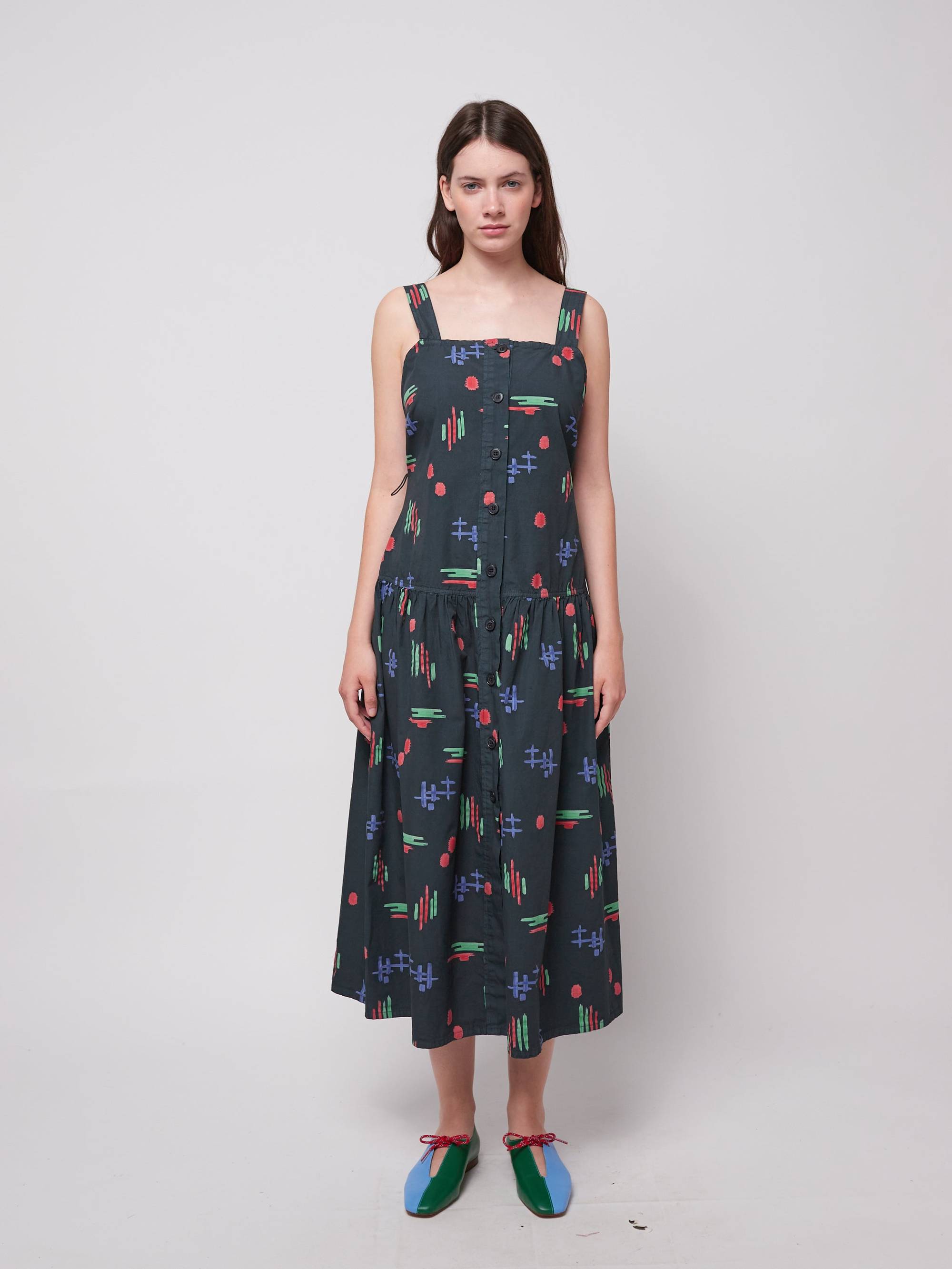 Multicolor Print Evasé Strap Dress