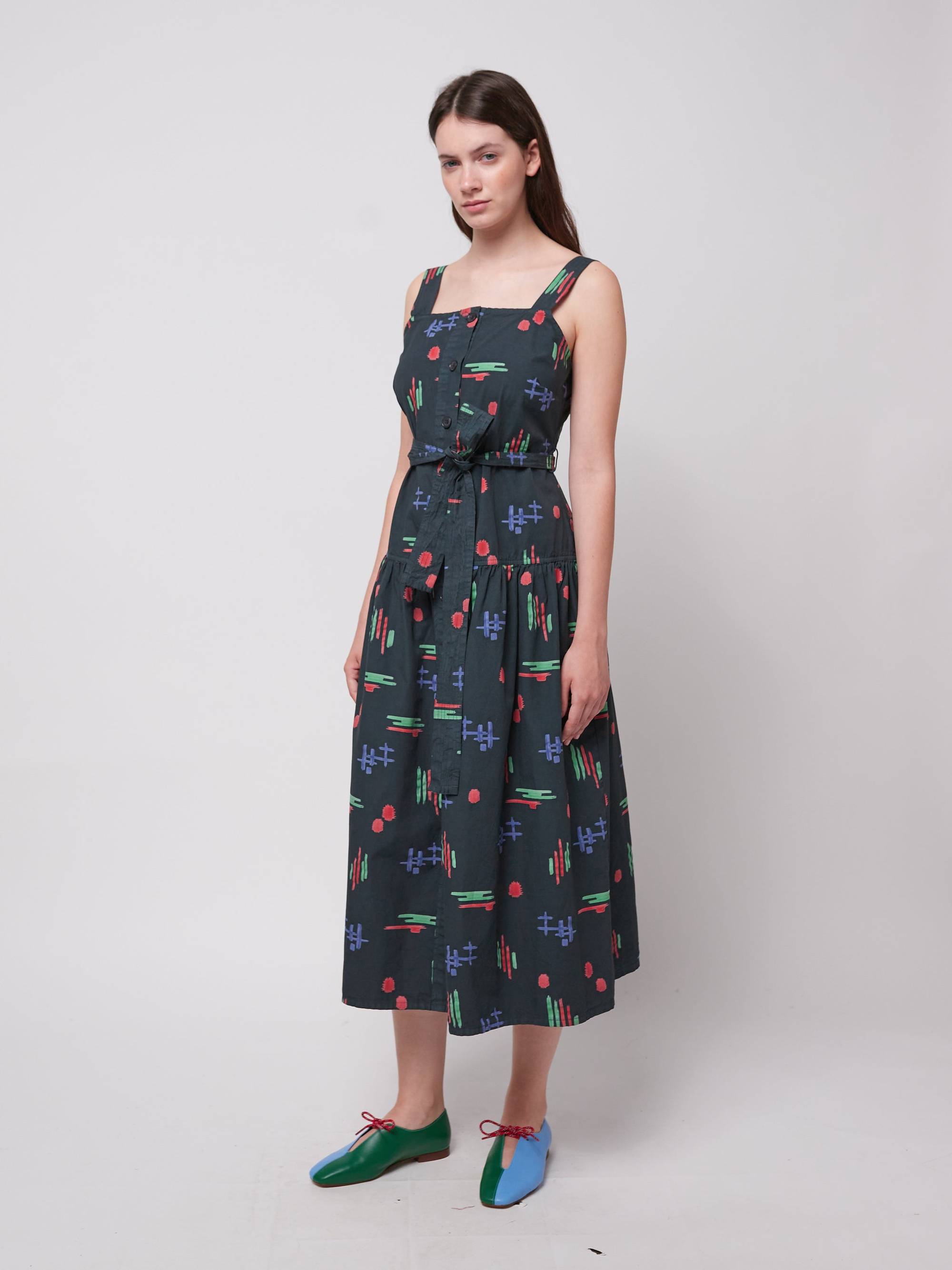 Multicolor Print Evasé Strap Dress