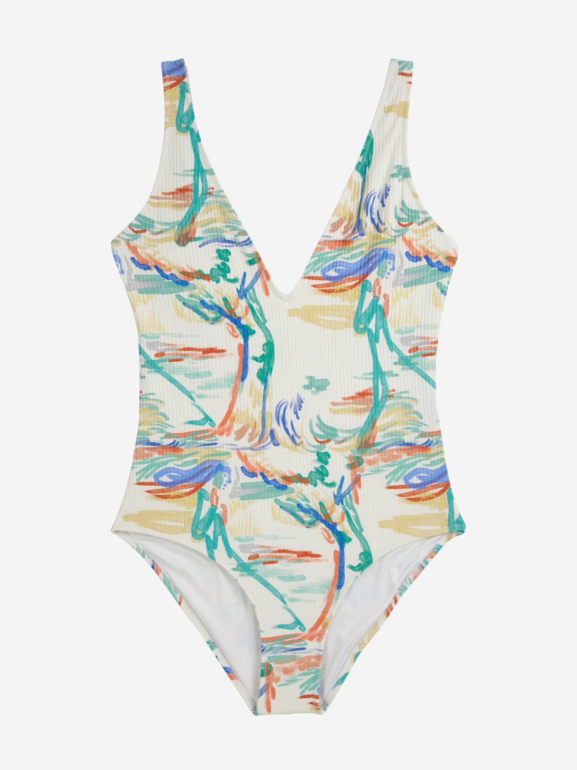 Flat-lay of Spring Landscape Swimsuit showcasing its ribbed V-neck design and vibrant abstract print. Crafted from sustainable materials for a stylish swimwear choice.