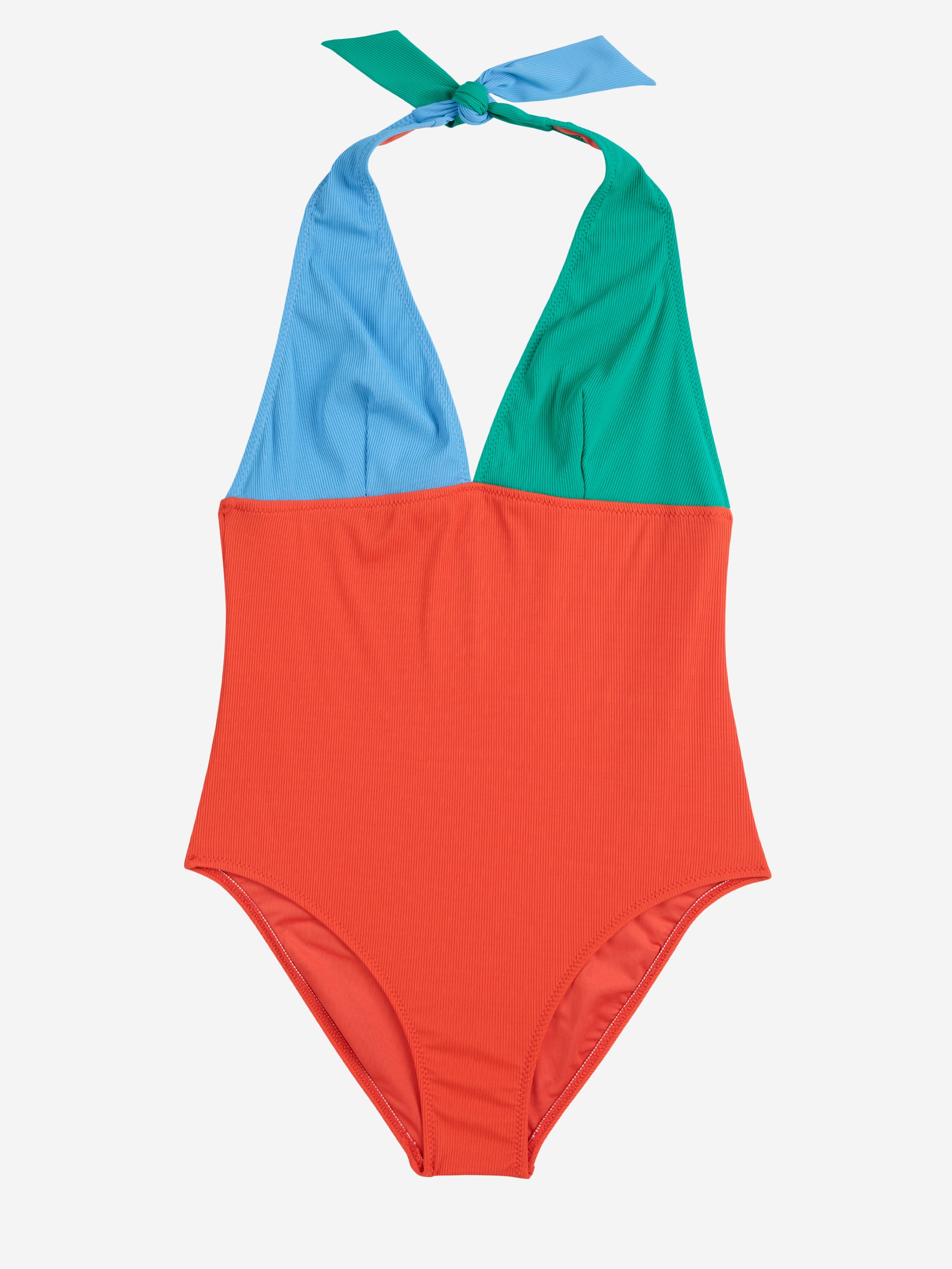 Flat lay of Color Block V-Neck Swimsuit featuring a halter tie and vibrant blue, green, and red color blocking.