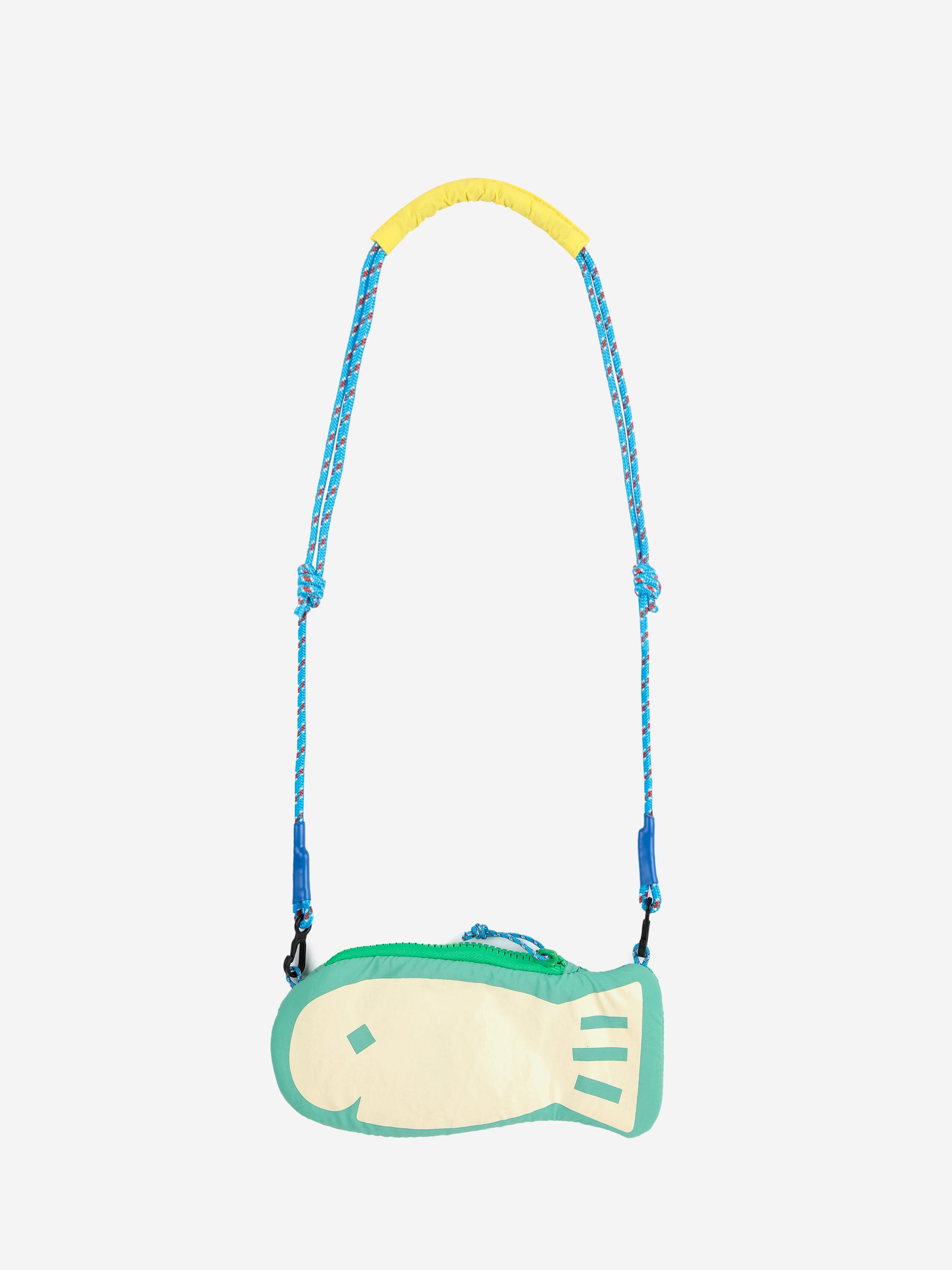 Lucky Fish Hand Bag - Made in Spain belt pouch with a playful fish-shaped design in green and yellow. Features an adjustable blue rope strap.