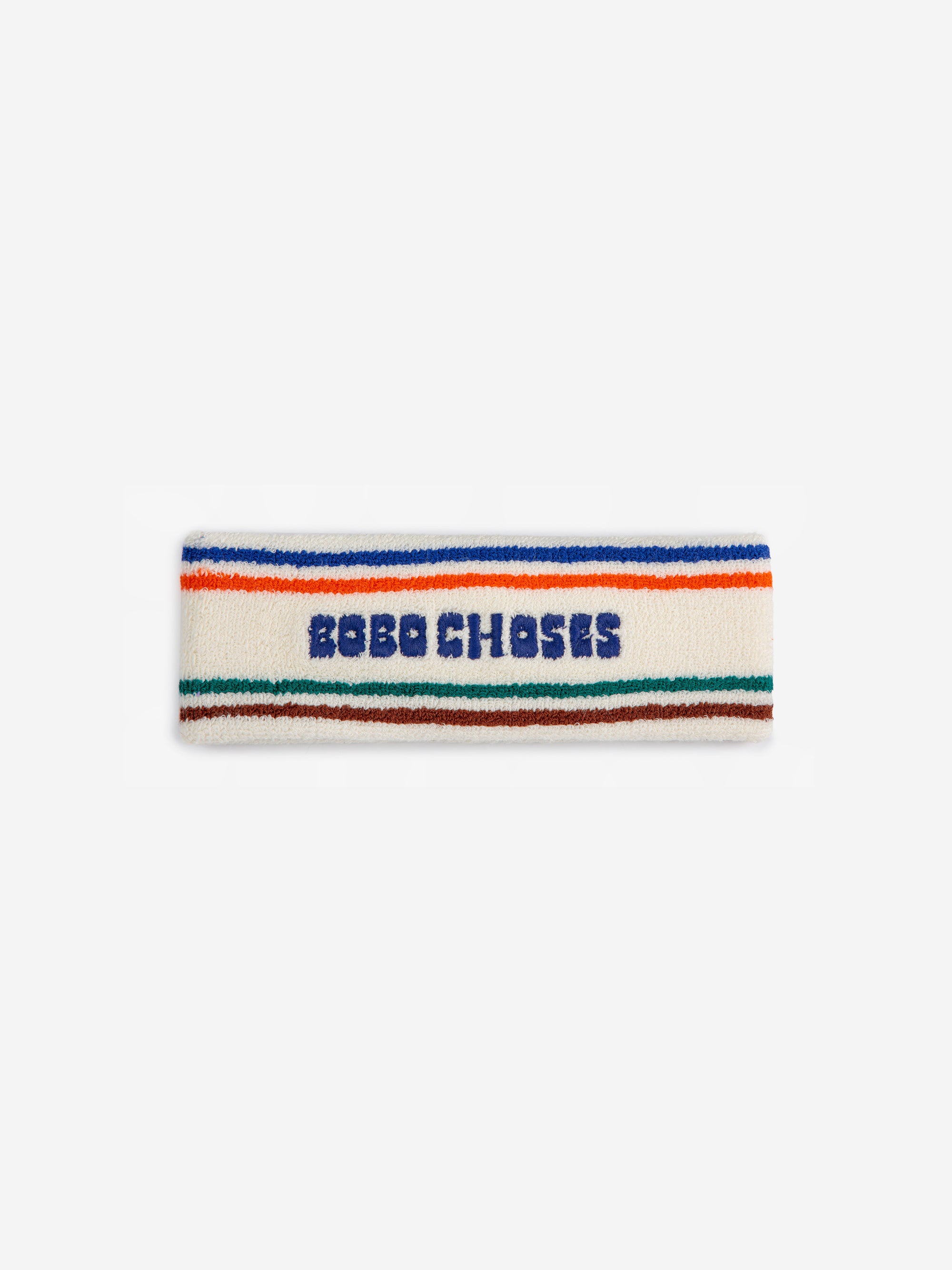 Bobo Choses Stripes Terry Headband laid flat. Features a soft terry fabric with vibrant stripes and bold embroidered branding for a trendy look.