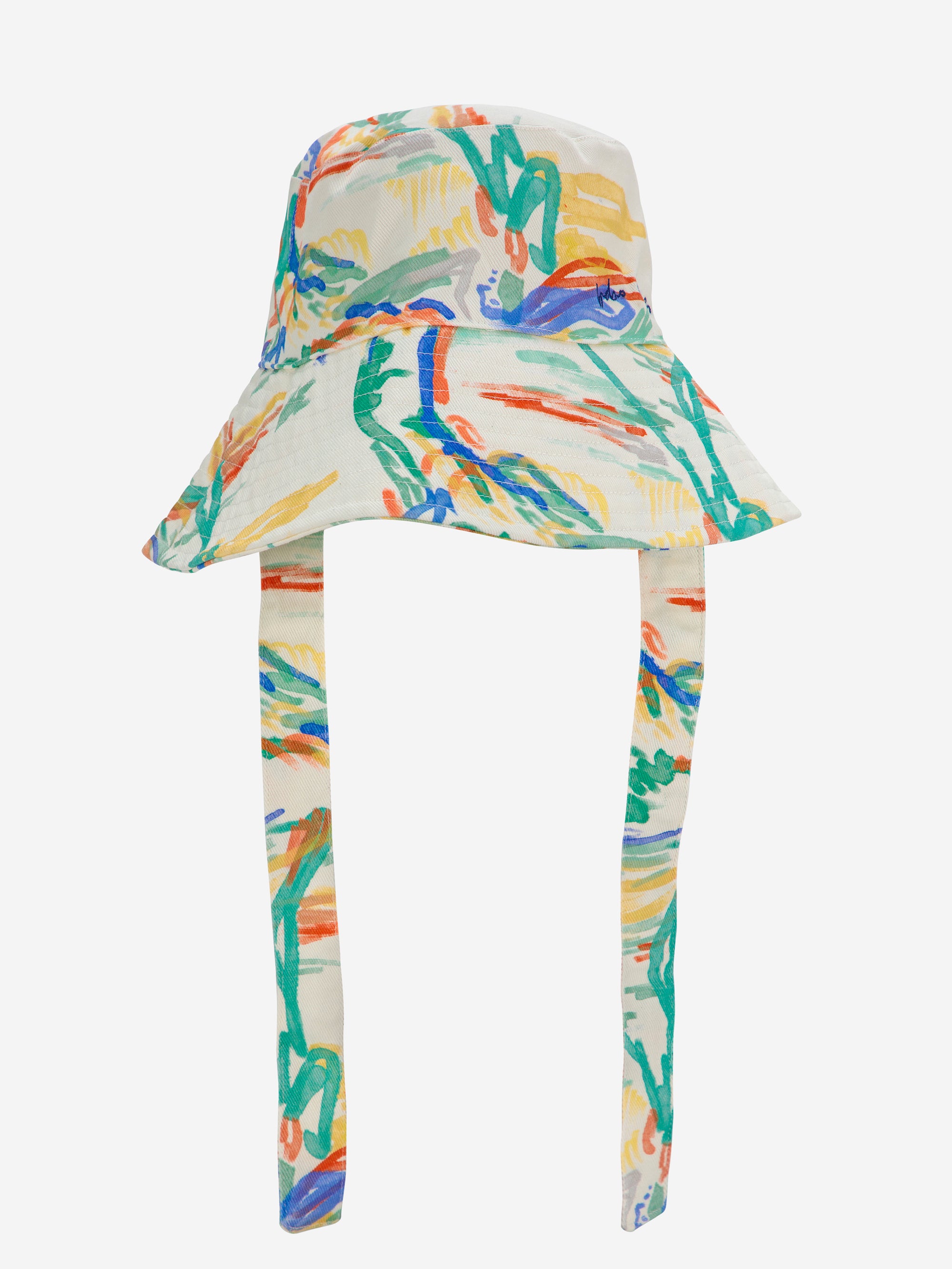 Landscape Print Canvas Hat with colorful abstract patterns and chin straps. A stylish and durable accessory for women.