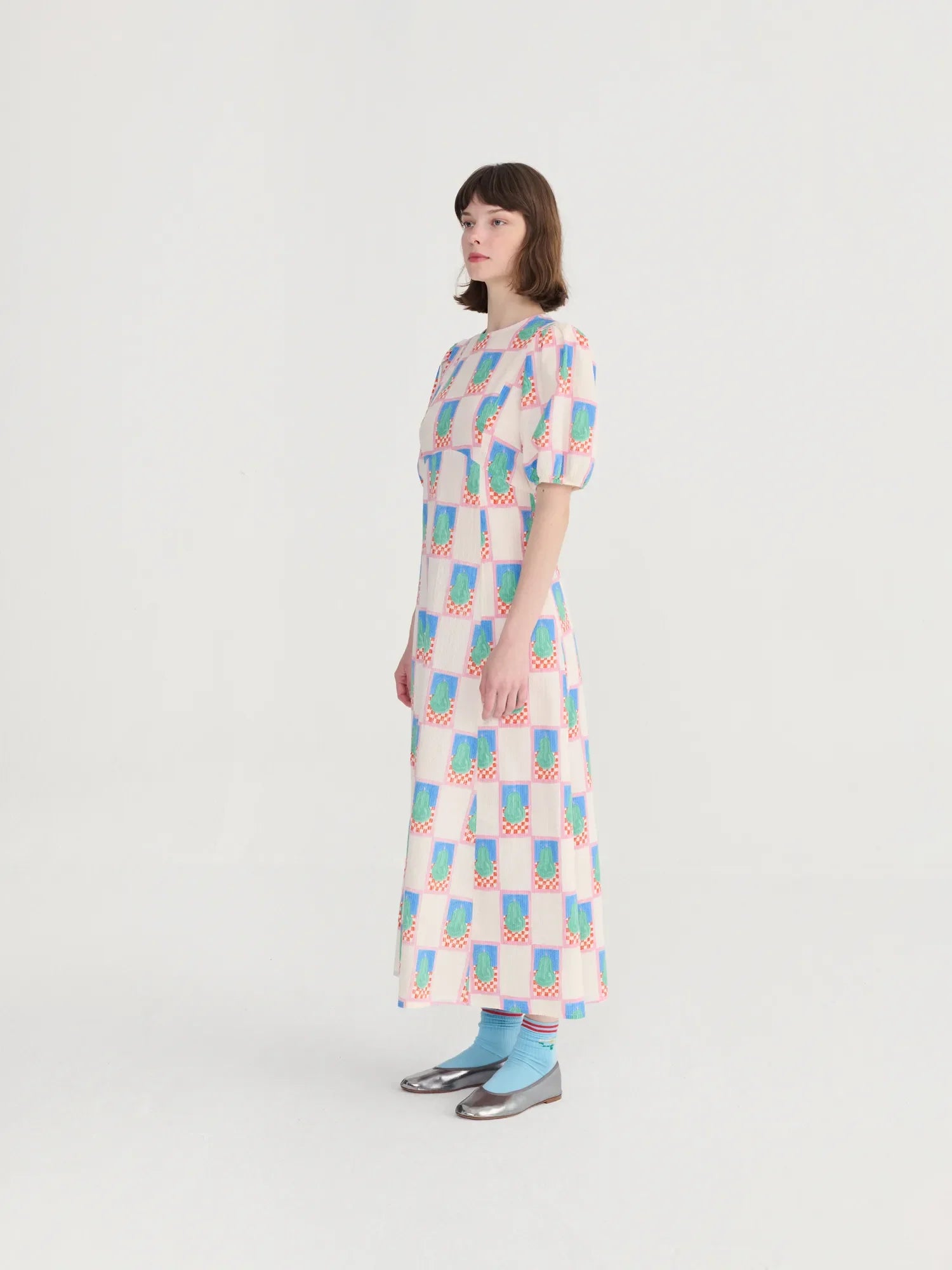 Yellow Puff Sleeve Dress with Pear Pattern