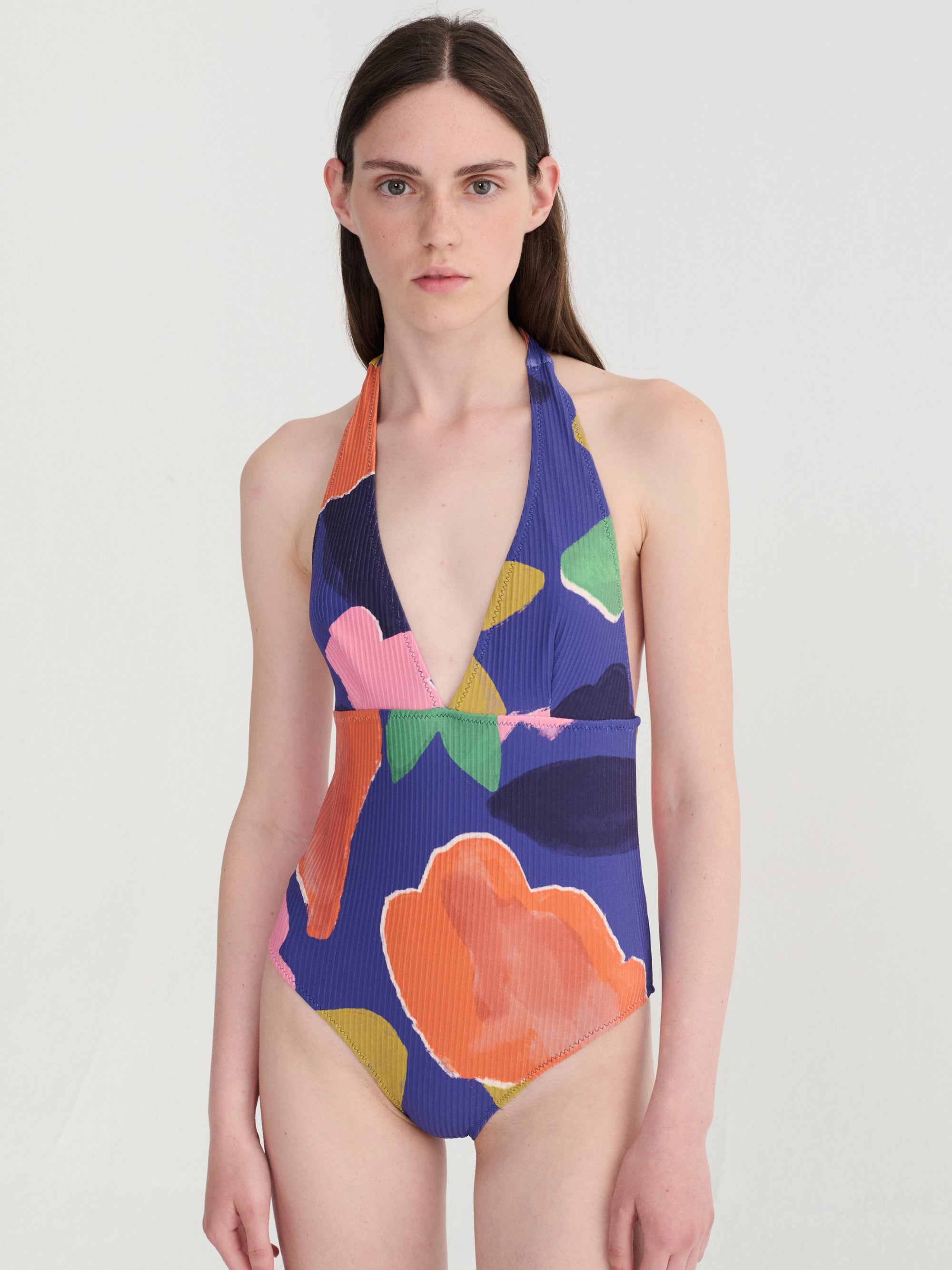 Blooming Color Pattern V Neck Swimsuit
