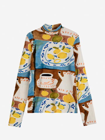 Abstract Tea Time Print Turtle Neck T-Shirt