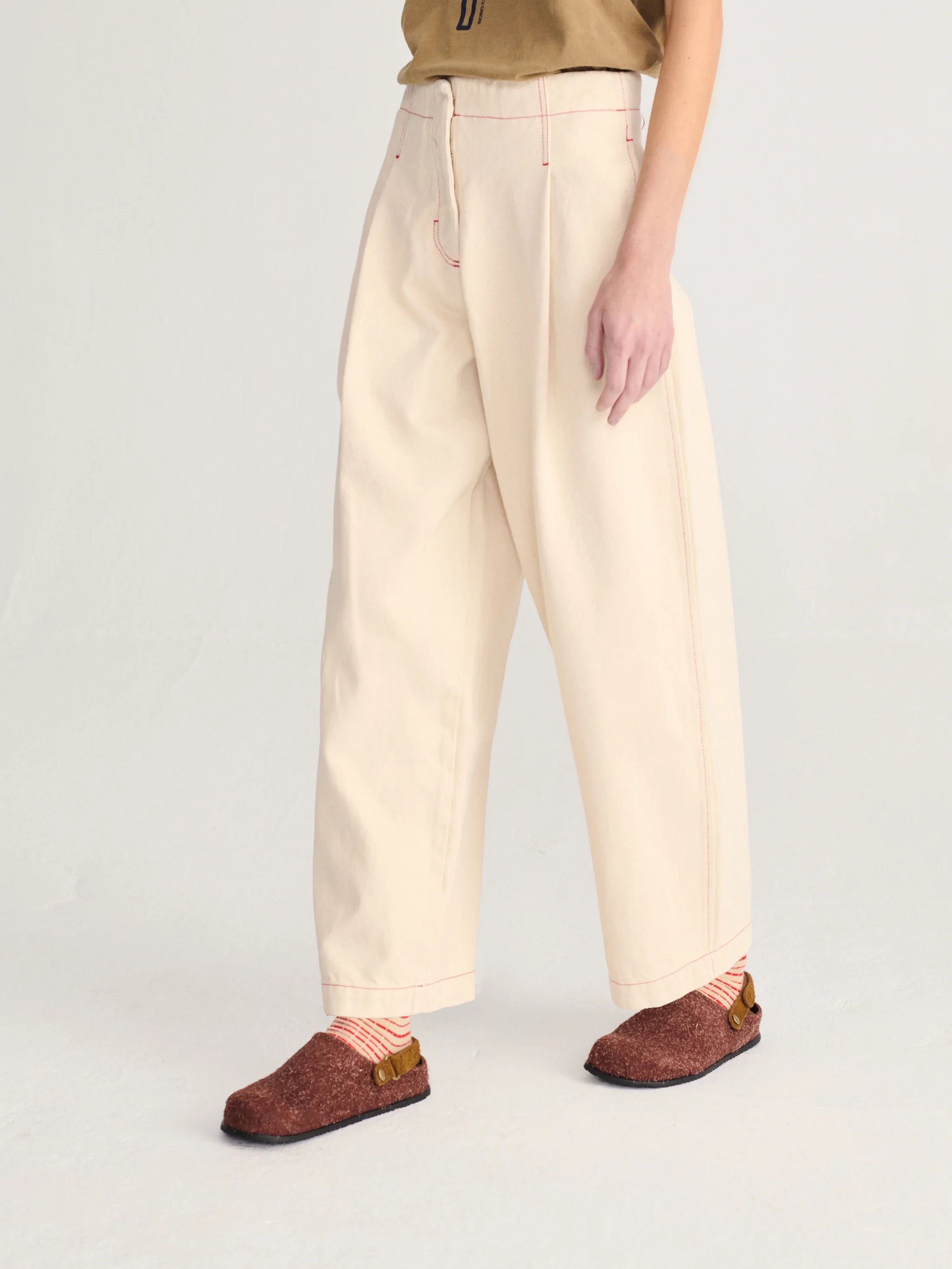 Ecru Twill Pleated Pants