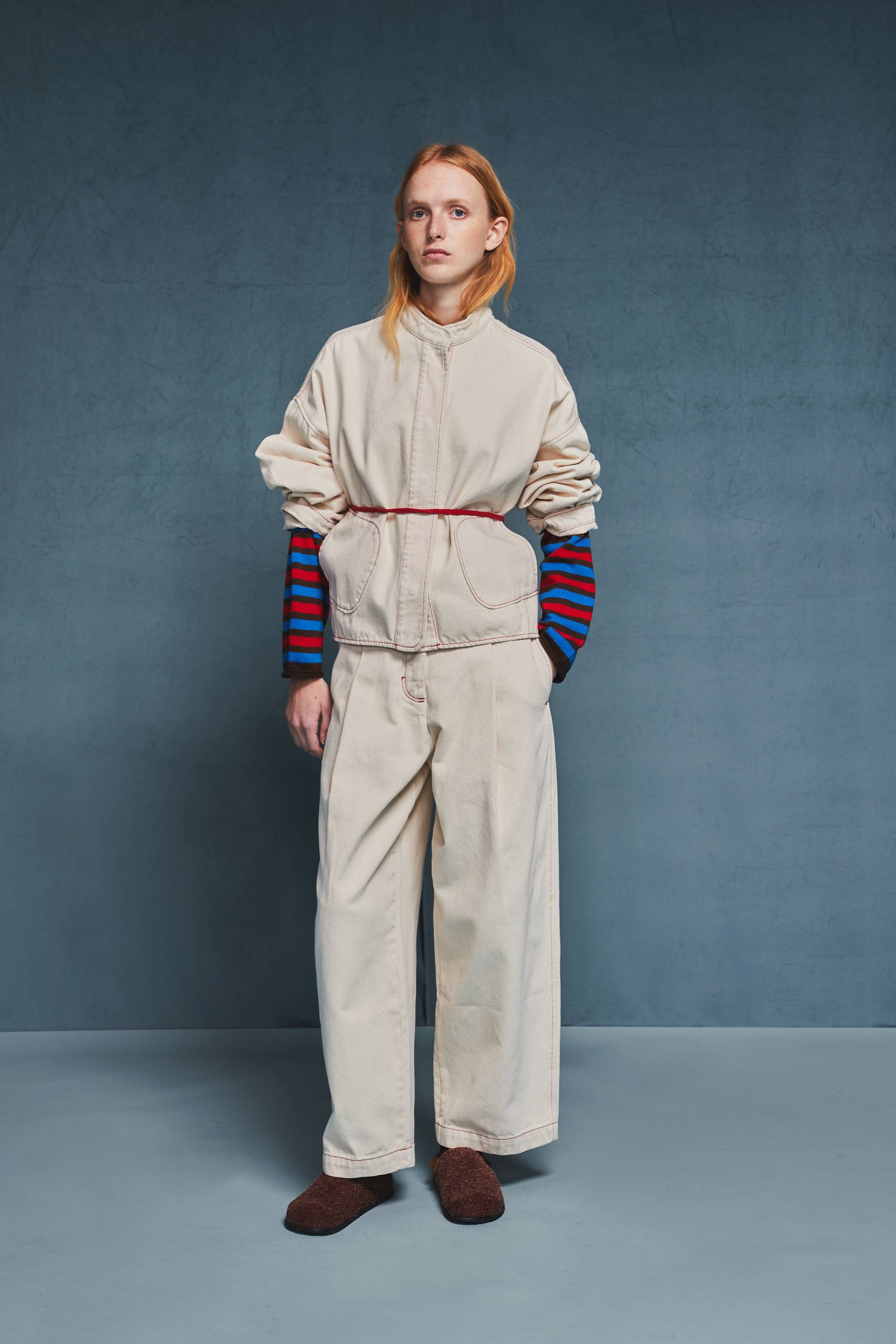 Ecru Twill Pleated Pants