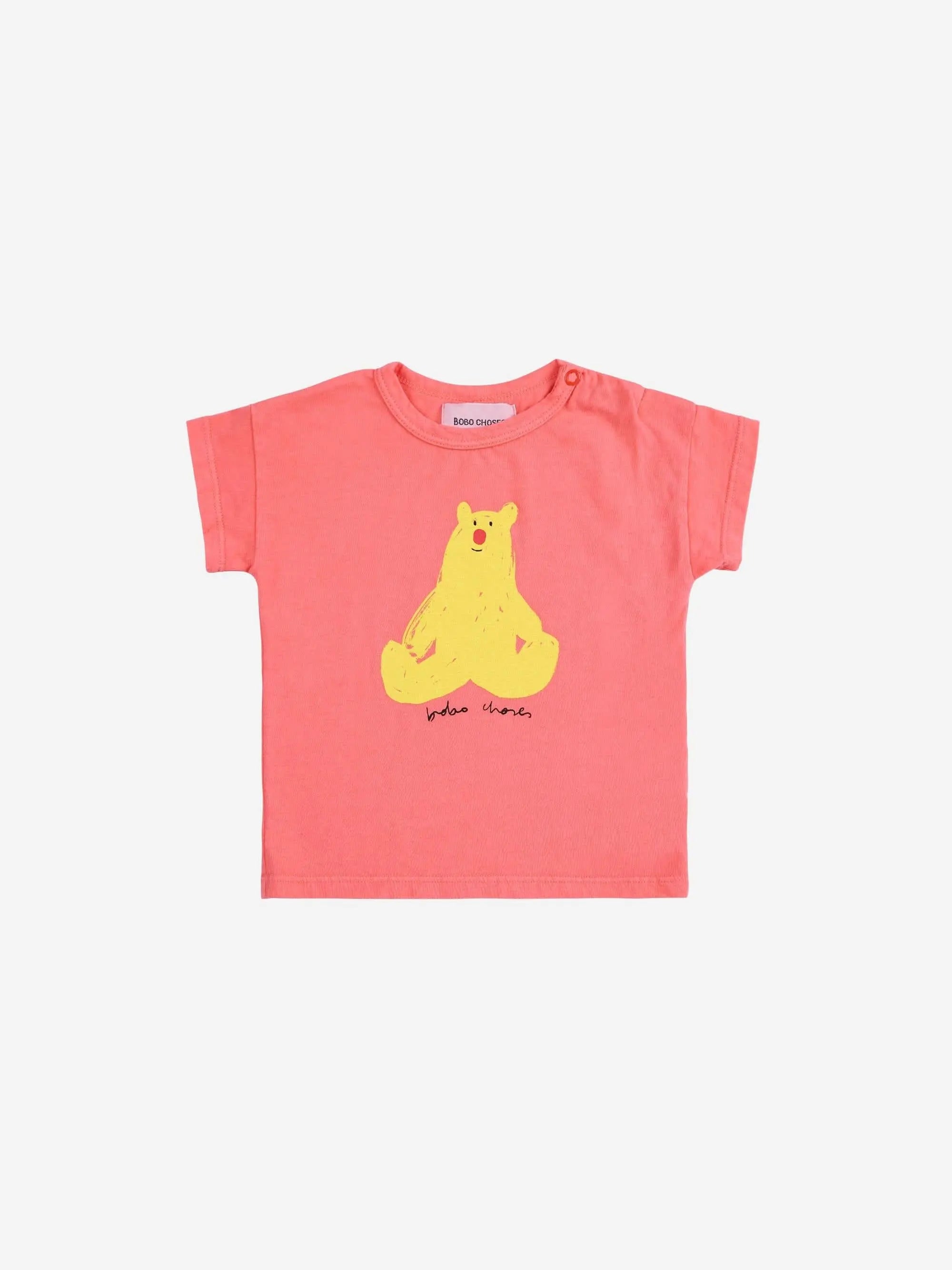 Baby Hug Me Bear T-shirt in Rosa mit gelbem Bärenmotiv, kurzärmeliges Oberteil für Babys von Bobo Choses, Größe 3M bis 24M.