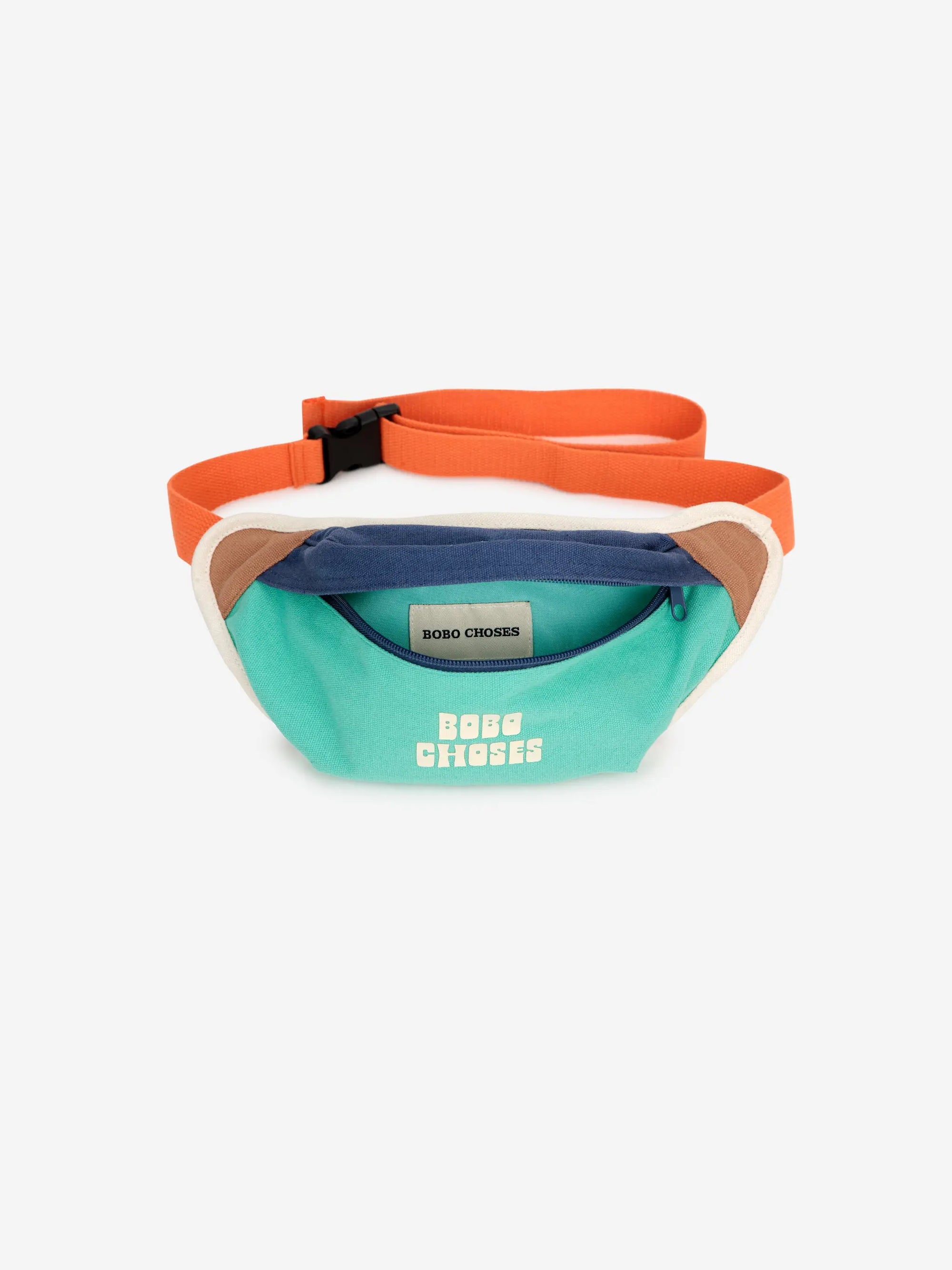 Bobo Choses multicolor belt pouch with a front zip pocket and bold branding. Made from 100% cotton, featuring an adjustable orange strap.