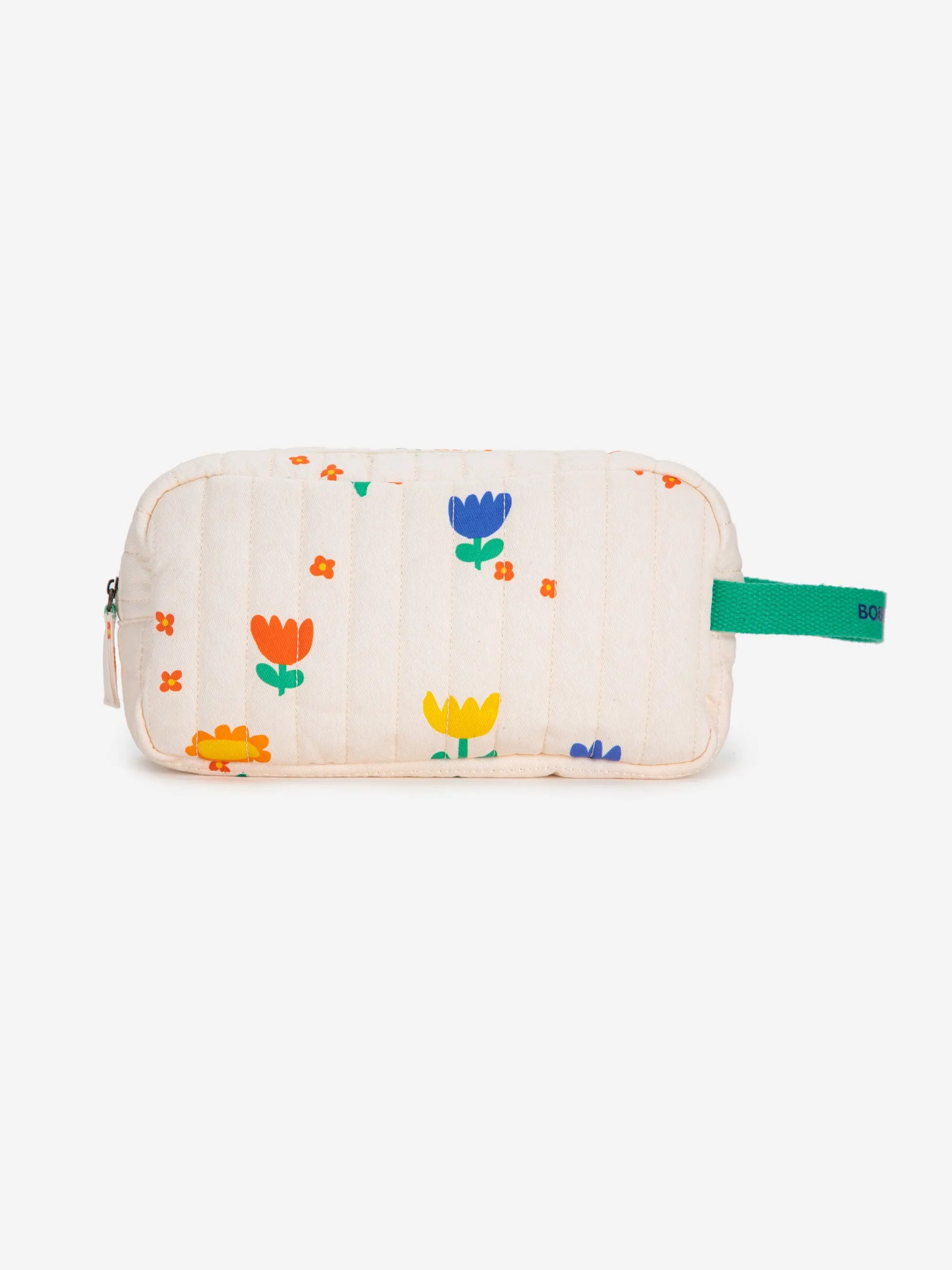 Garden Party Belt Pouch from Spain with a floral print on quilted fabric, featuring a green handle and zip closure. Ideal for organizing essentials.