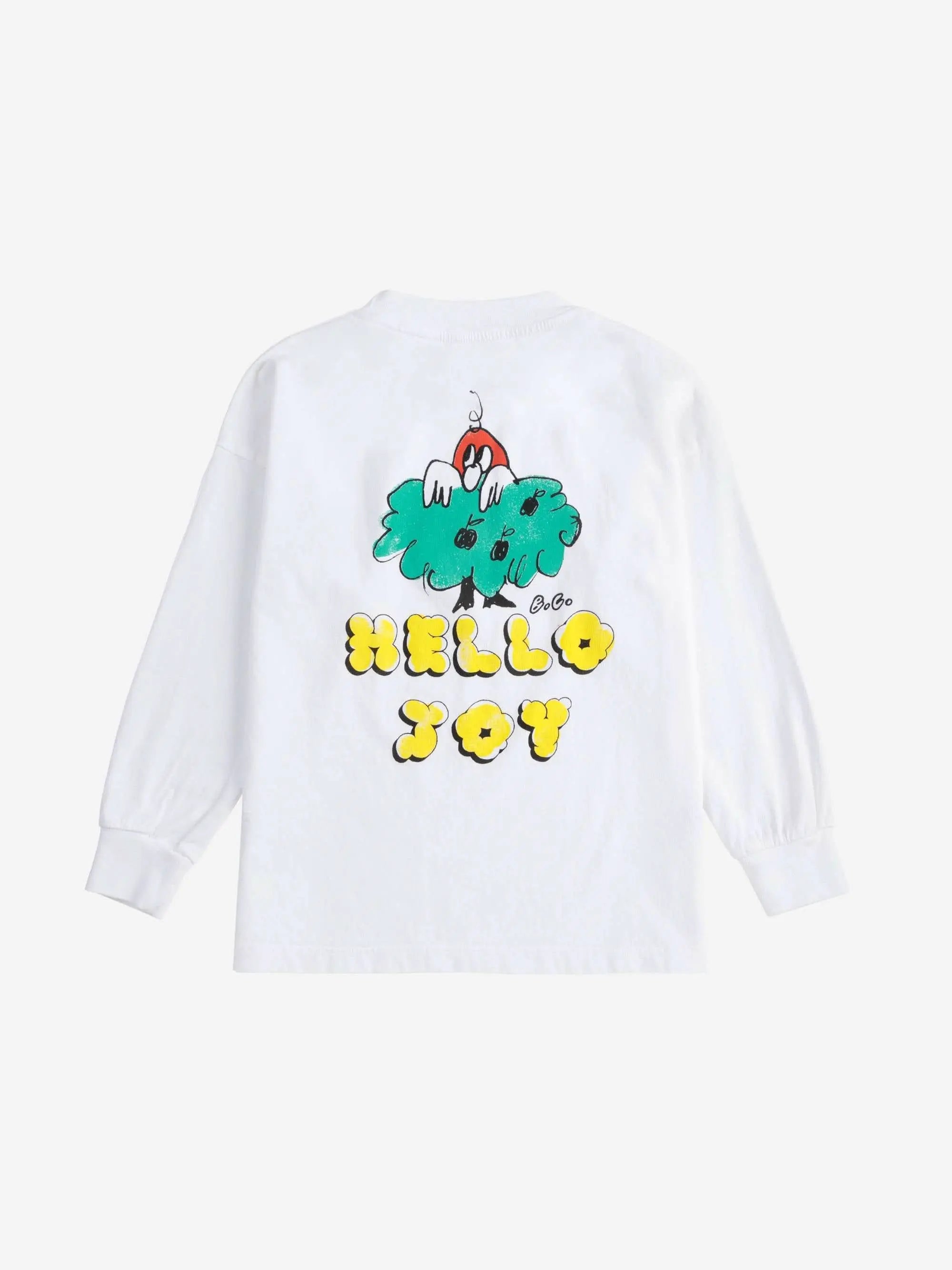 Rückseite des Hello Joy T-Shirts mit verspieltem Print und gelbem Schriftzug, kindgerechtes Design von Bobo Choses für die SS25 Kollektion.
