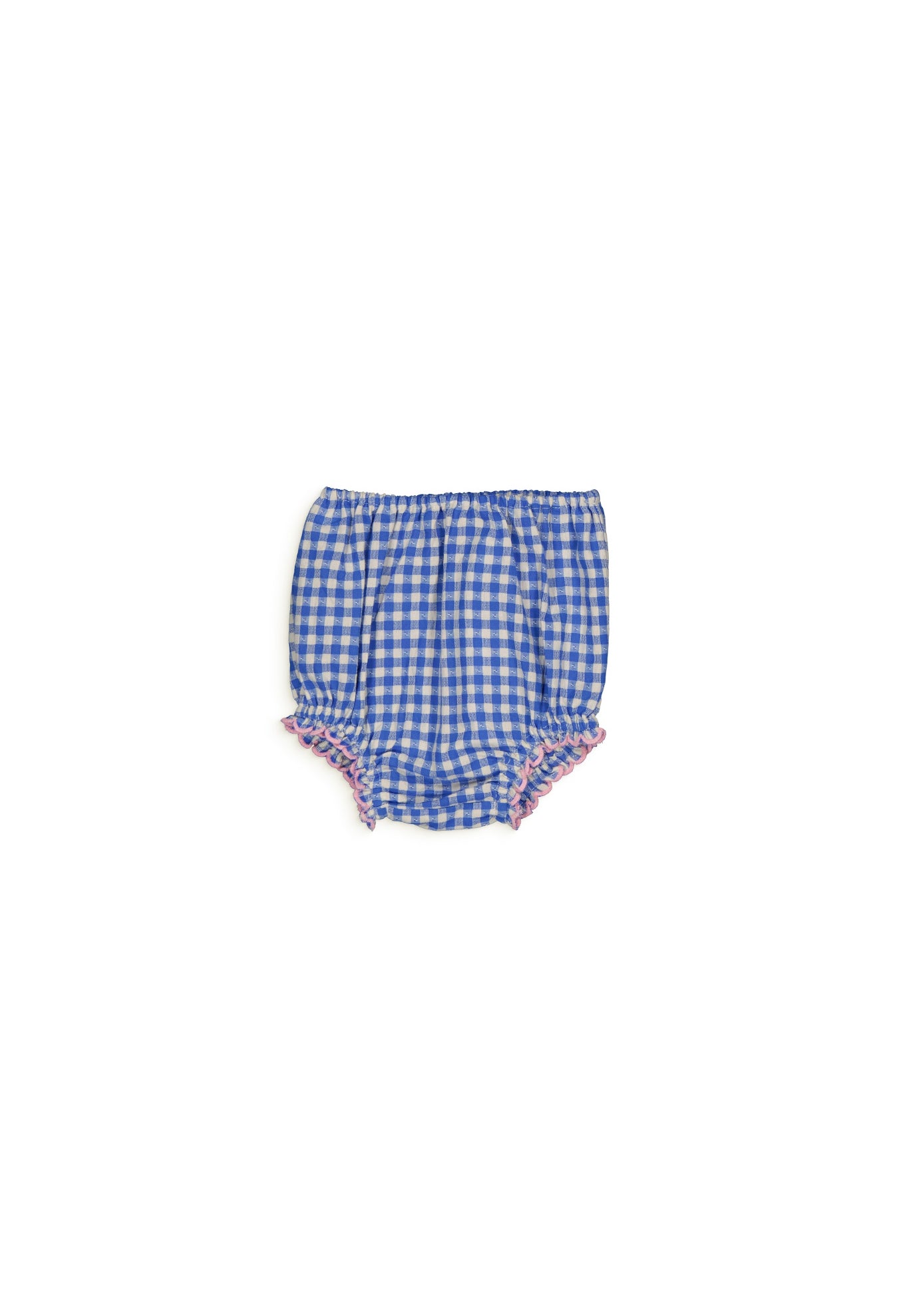 Gingham Blue Baby Bloomer made from 100% cotton, featuring an elastic waistband and ruffled leg openings. A stylish and comfortable choice for infants.