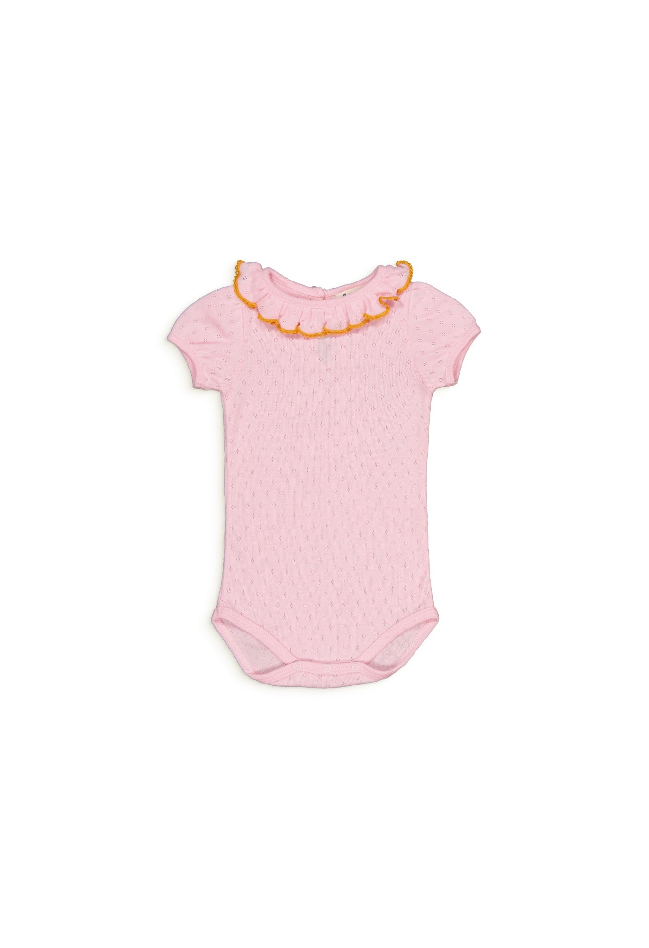 Cotton baby body in soft pink with delicate embroidery and ruffled neckline, 100% made in India. Perfect for your baby's comfort and style.