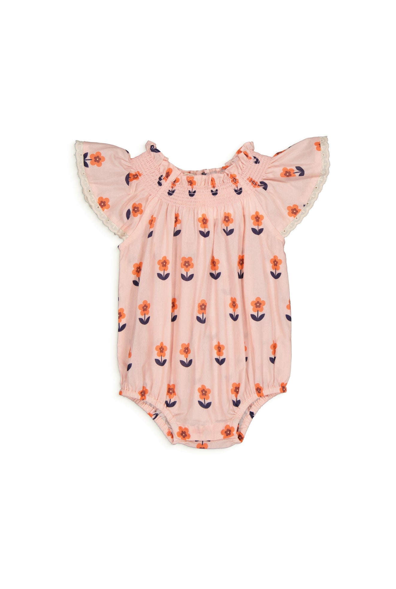 Letty Romper Spring baby overall with floral print, ruffle sleeves, and elastic leg openings. Soft pink fabric with orange and navy flower motifs.