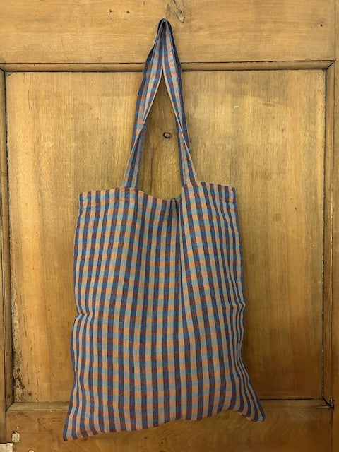 Linge Particulier Linen Tote Bag Blue Brown Squares