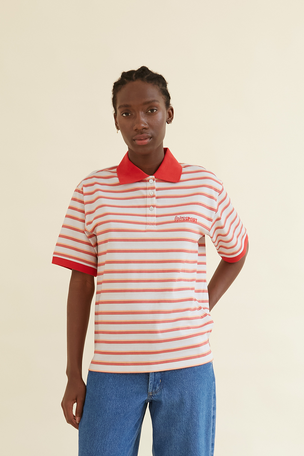 Luna Unisex Polo T-Shirt with red and white stripes, featuring a red collar and embroidered logo. Perfect for casual and stylish everyday wear.