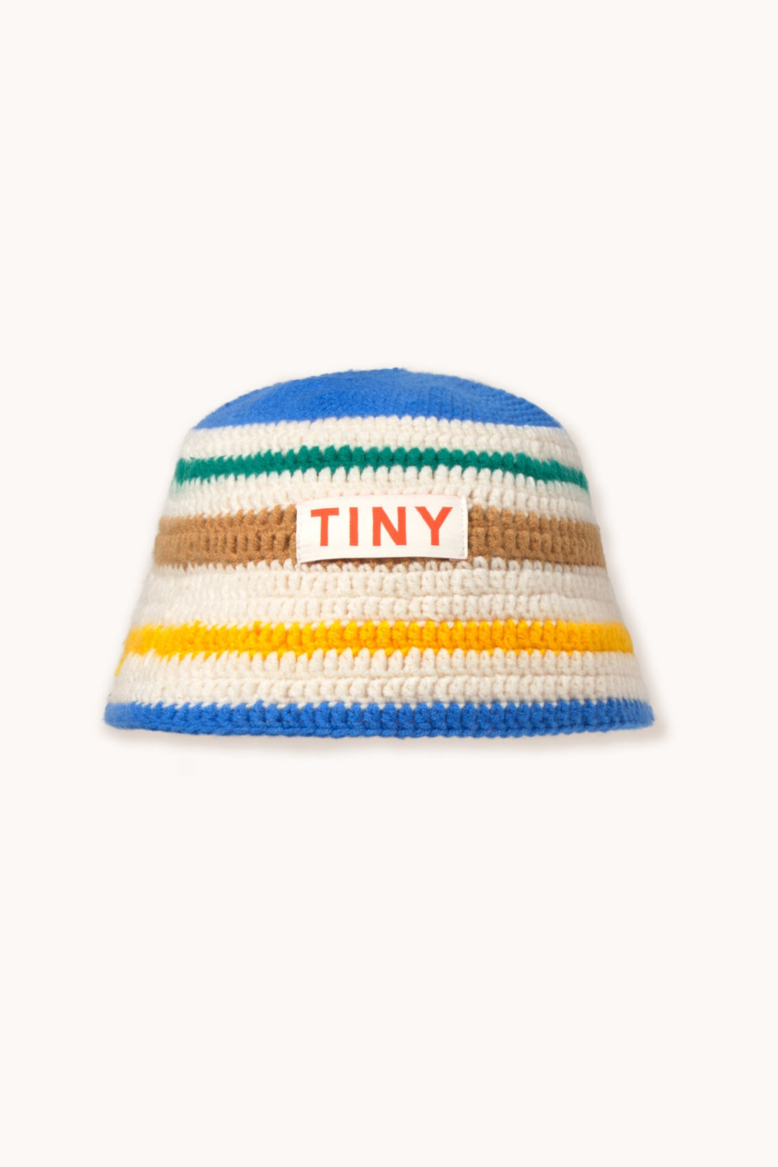 Multicolor Stripes Bucket Hat with a crochet design featuring blue, green, yellow, brown, and white stripes. Stylish and lightweight for kids' fashion.