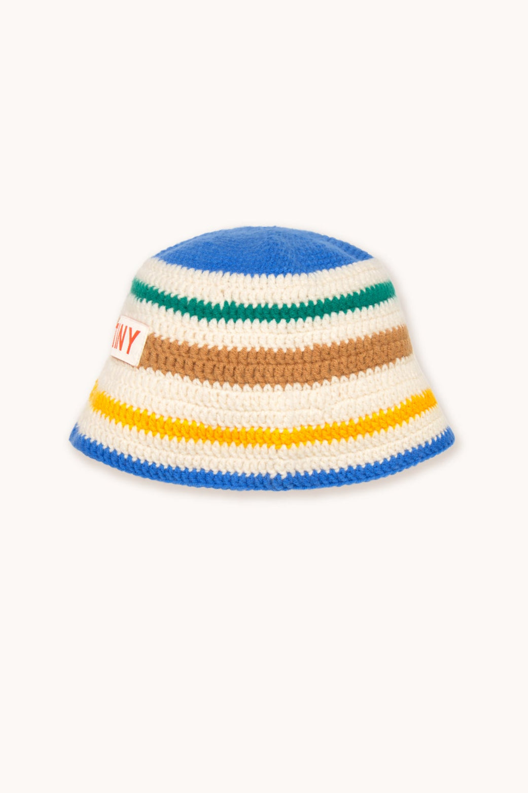 Side view of the Multicolor Stripes Bucket Hat showcasing vibrant crochet stripes and a soft, flexible brim. Perfect accessory for boys and girls.