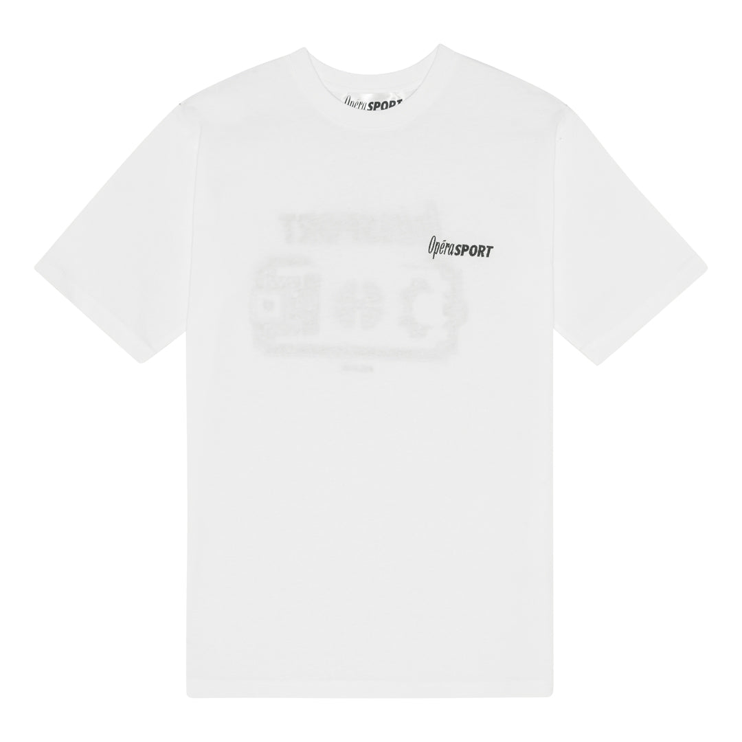 White Organic Cotton Unisex T-Shirt laid flat, featuring a minimalist front design with a small OpéraSPORT logo on the chest.