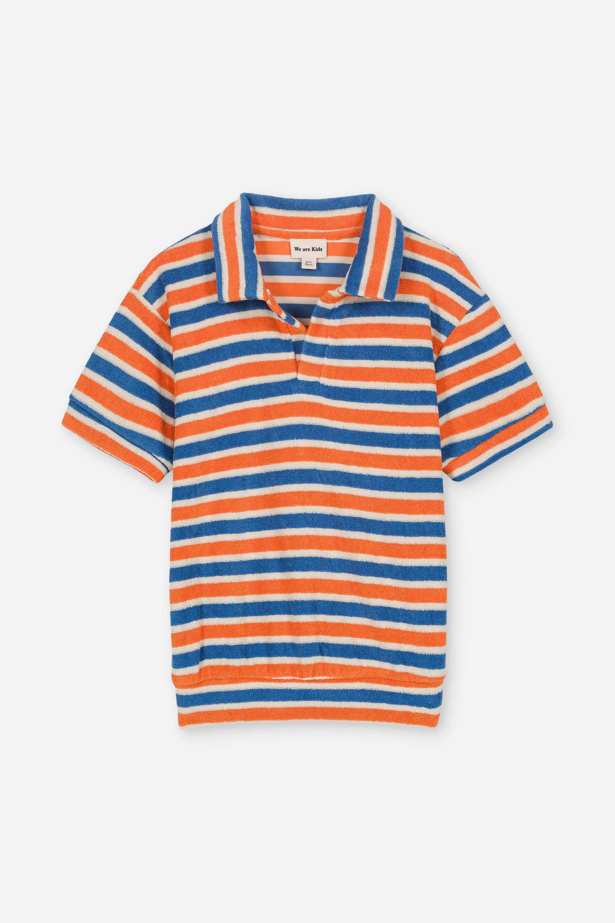 Leonard Sun Stripes Polo in vibrant orange, blue, and white stripes, crafted from 100% organic cotton. Sustainable kids' top made in Portugal.